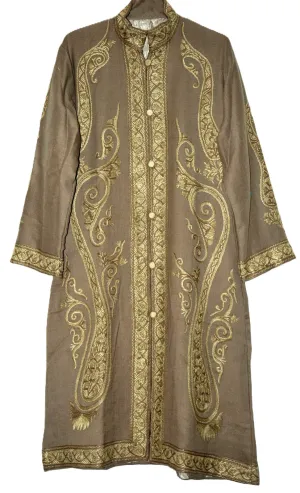 Kashmiri Woolen Coat Beige, Tone-Tone Embroidery #AO-156