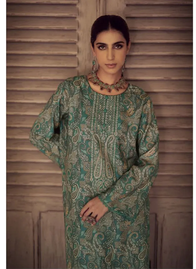 Kesar Dark Green Pashmina Winter Suit Dress Material with Embroidery