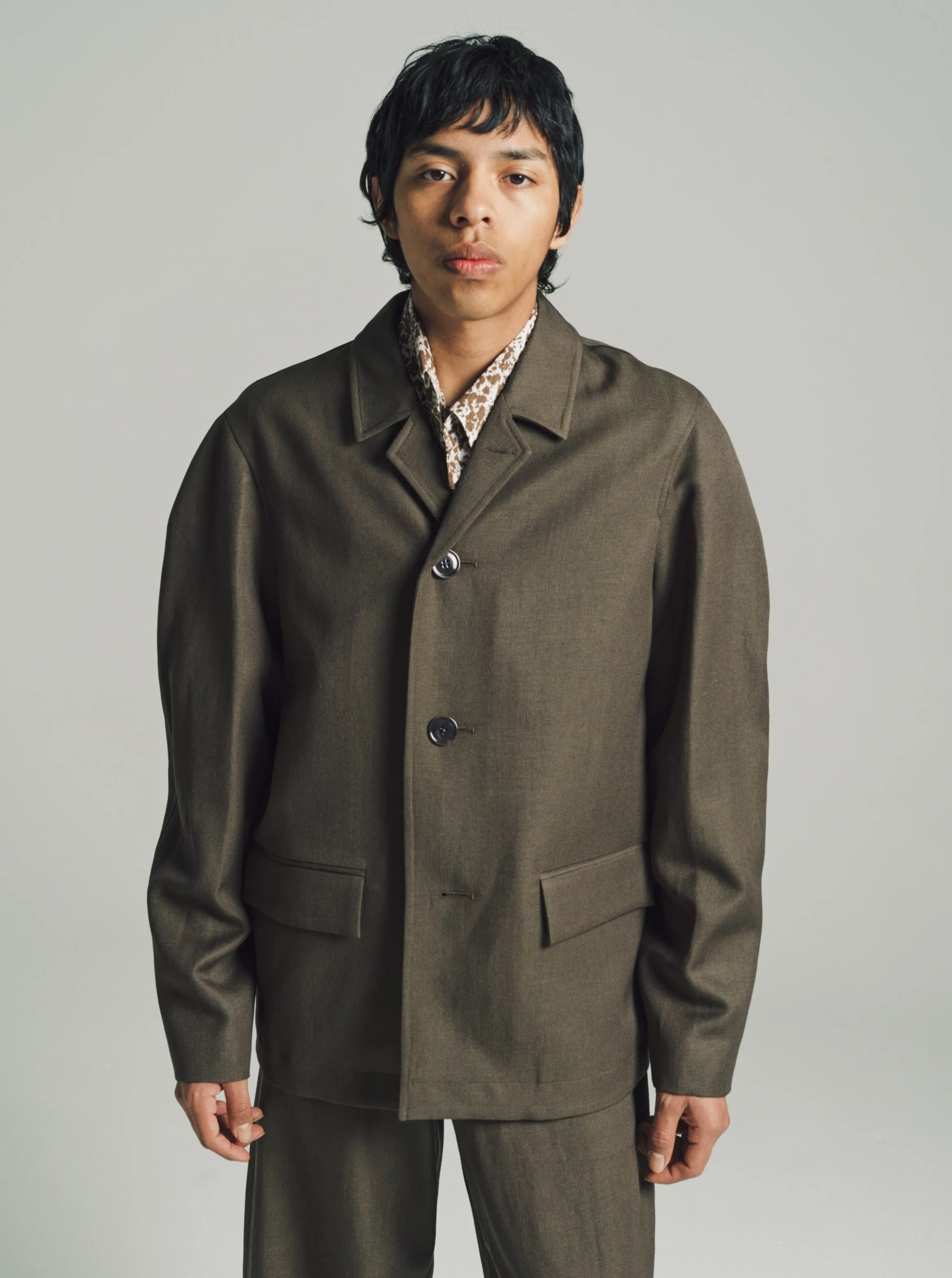 Khaki Brown Wool & Linen Half Coat Jacket