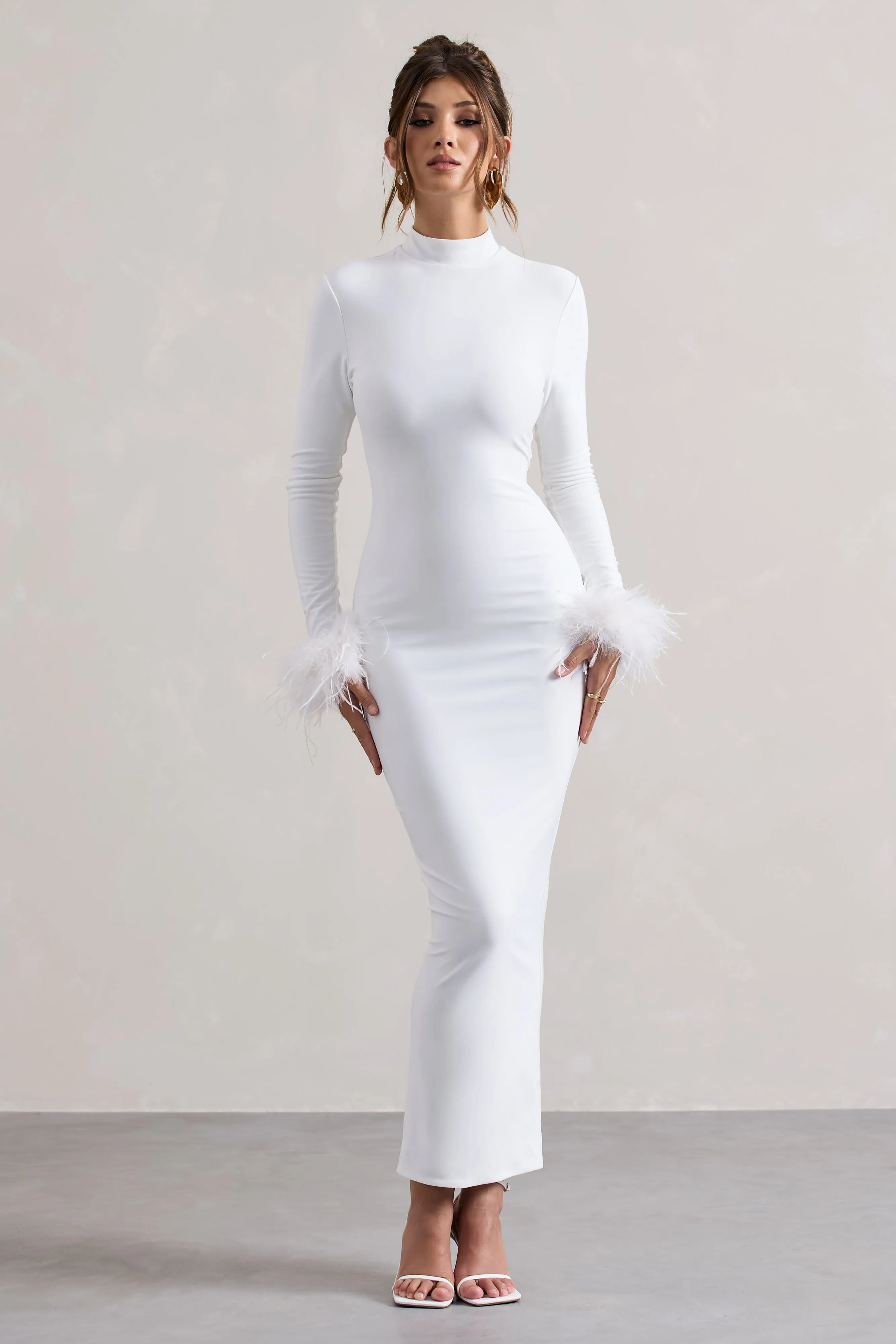 Khalia | White High-Neck Feather-Cuff Maxi Dress