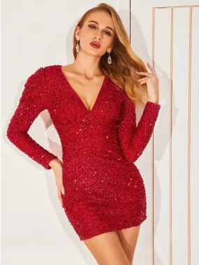 KittenAlarm - Plunging Neck Gigot Sleeve Sequin Bodycon Dress