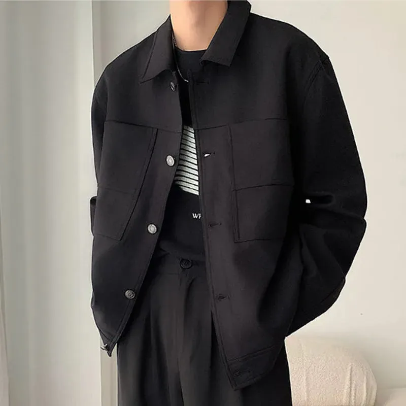 Korean Style Men's Jackets Pockets Turn-down Collar Single Breasted Solid Color Male Coats New Autumn Fashion 9C6747