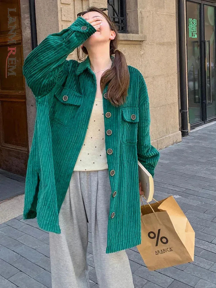 LANMREM Casual Corduroy Coat Women's 2024 Autumn New Lapel Single Breasted Solid Color Minimalism Coats Female Clothing