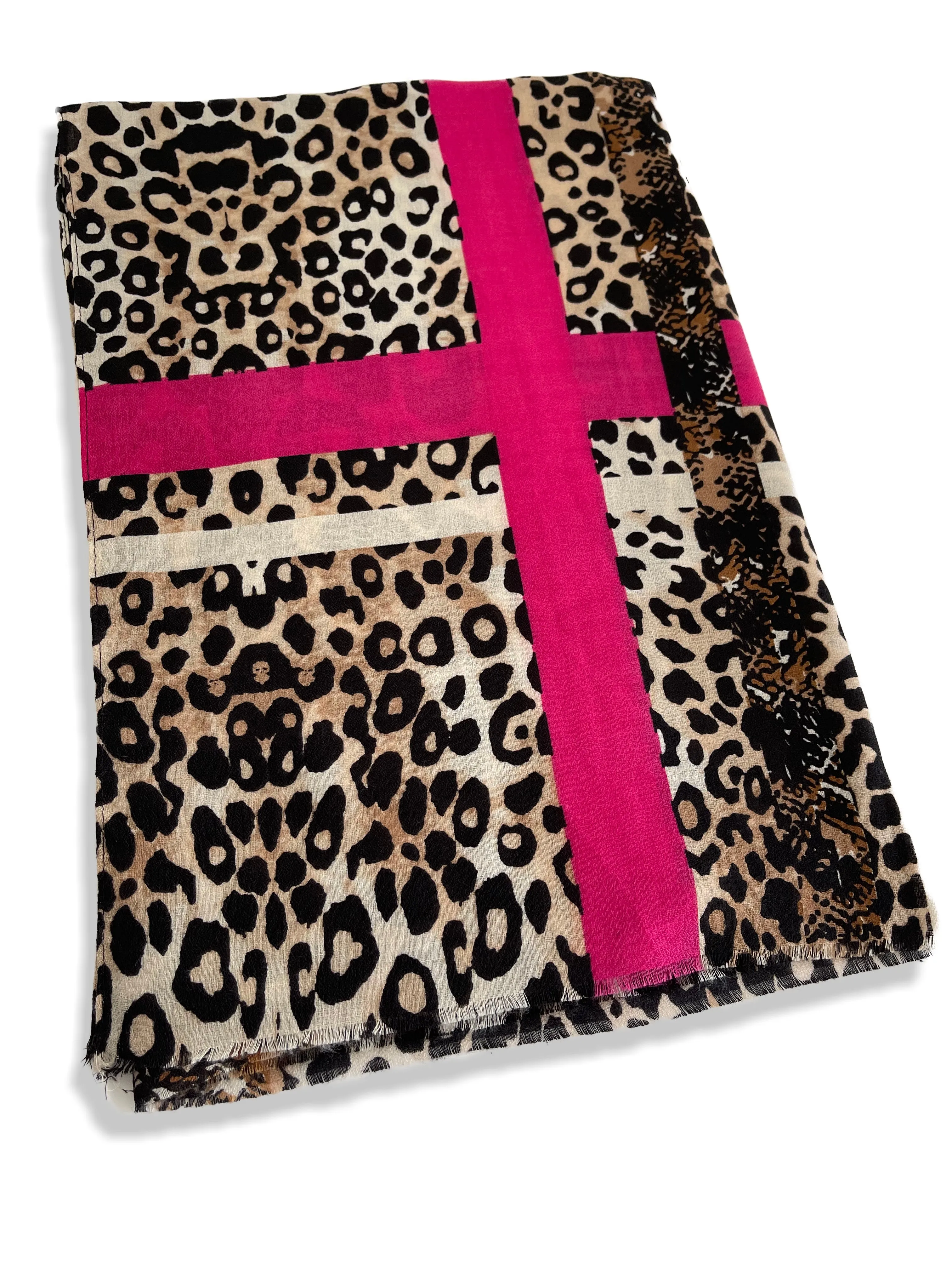 LARGE FUCHSIA PINK SNAKESKIN AND LEOPARD PRINT SCARF