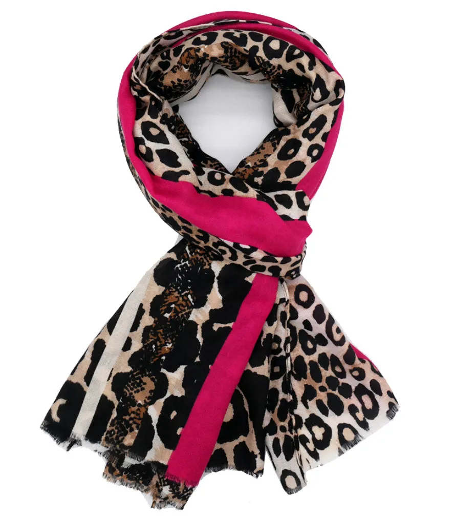 LARGE FUCHSIA PINK SNAKESKIN AND LEOPARD PRINT SCARF