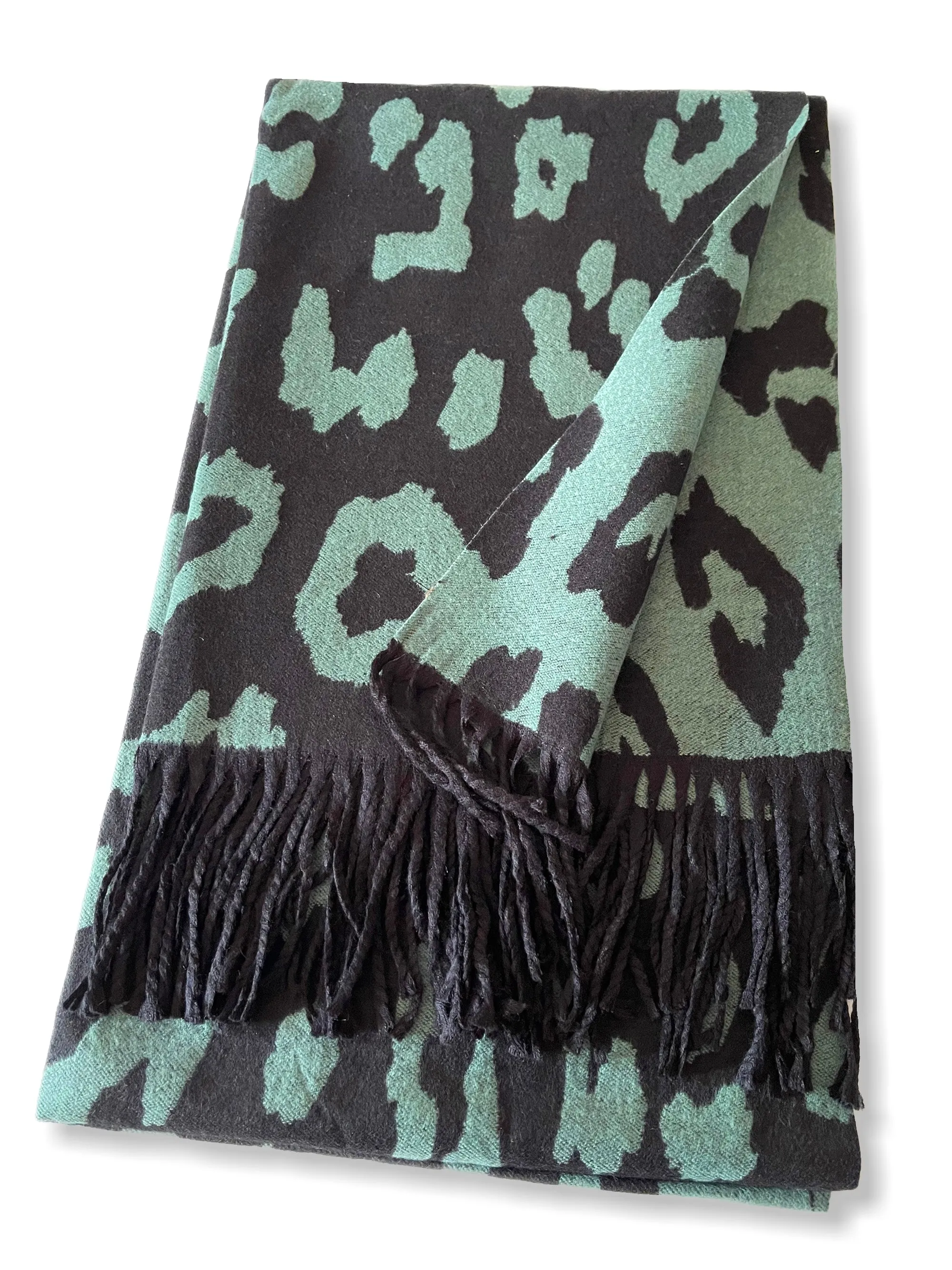 LARGE GREEN CASHMERE LEOPARD PRINT REVERSIBLE WINTER SHAWL BLANKET SCARF