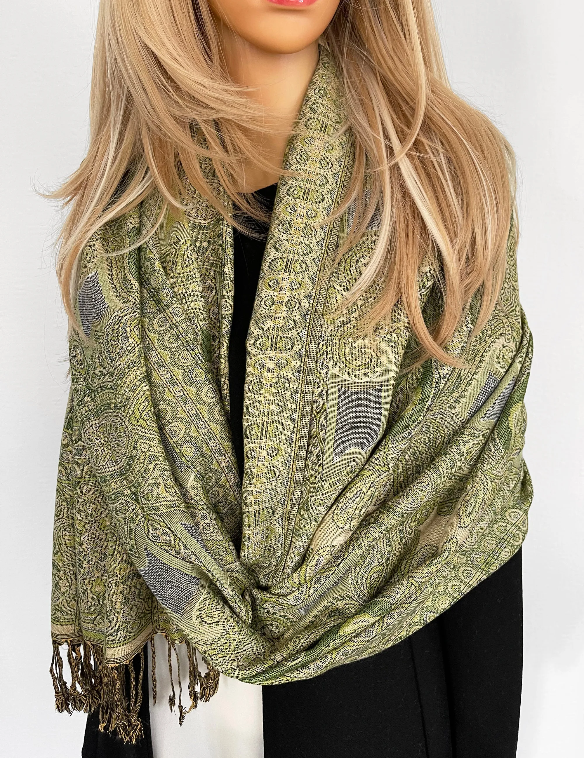 LARGE GREEN REVERSIBLE GEOMETRIC PAISLEY PRINT PASHMINA SHAWL SCARF WRAP