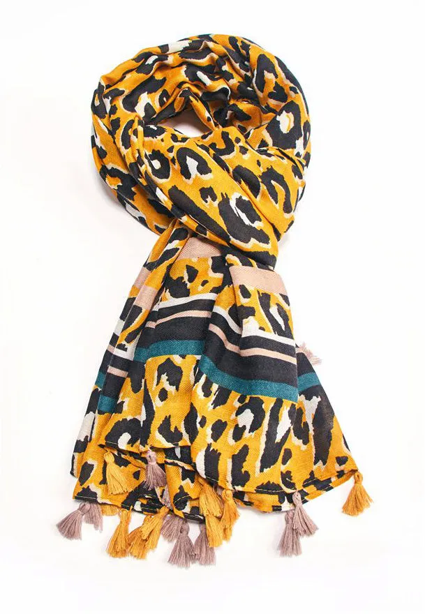 LARGE MUSTARD YELLOW TRIBAL LEOPARD PRINT SCARF WITH TASSELS