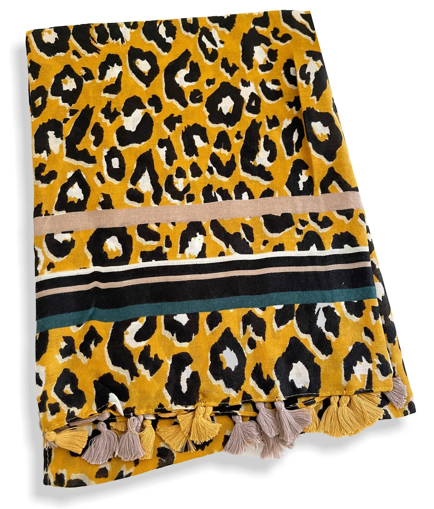 LARGE MUSTARD YELLOW TRIBAL LEOPARD PRINT SCARF WITH TASSELS