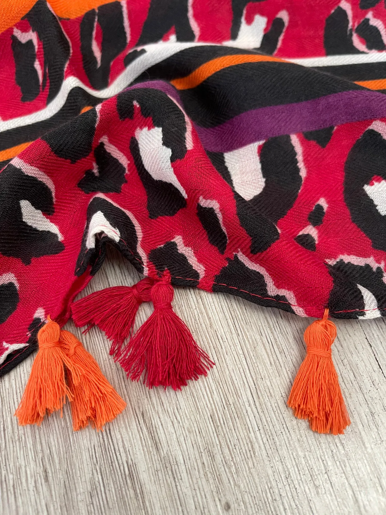 LARGE RED TRIBAL LEOPARD PRINT SCARF WITH TASSELS