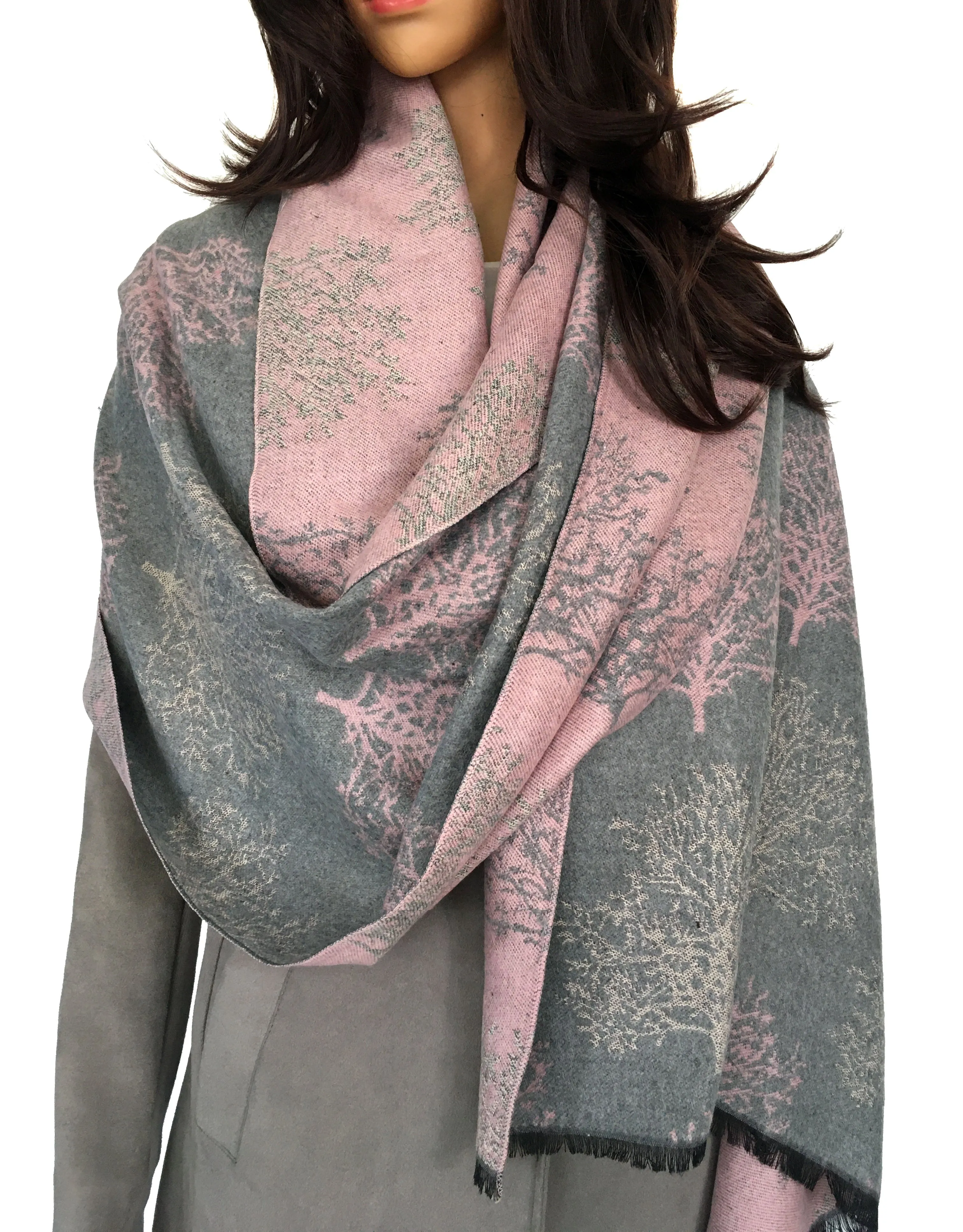 LARGE THICK GREY BLUSH TREE REVERSIBLE WINTER SHAWL BLANKET SCARF