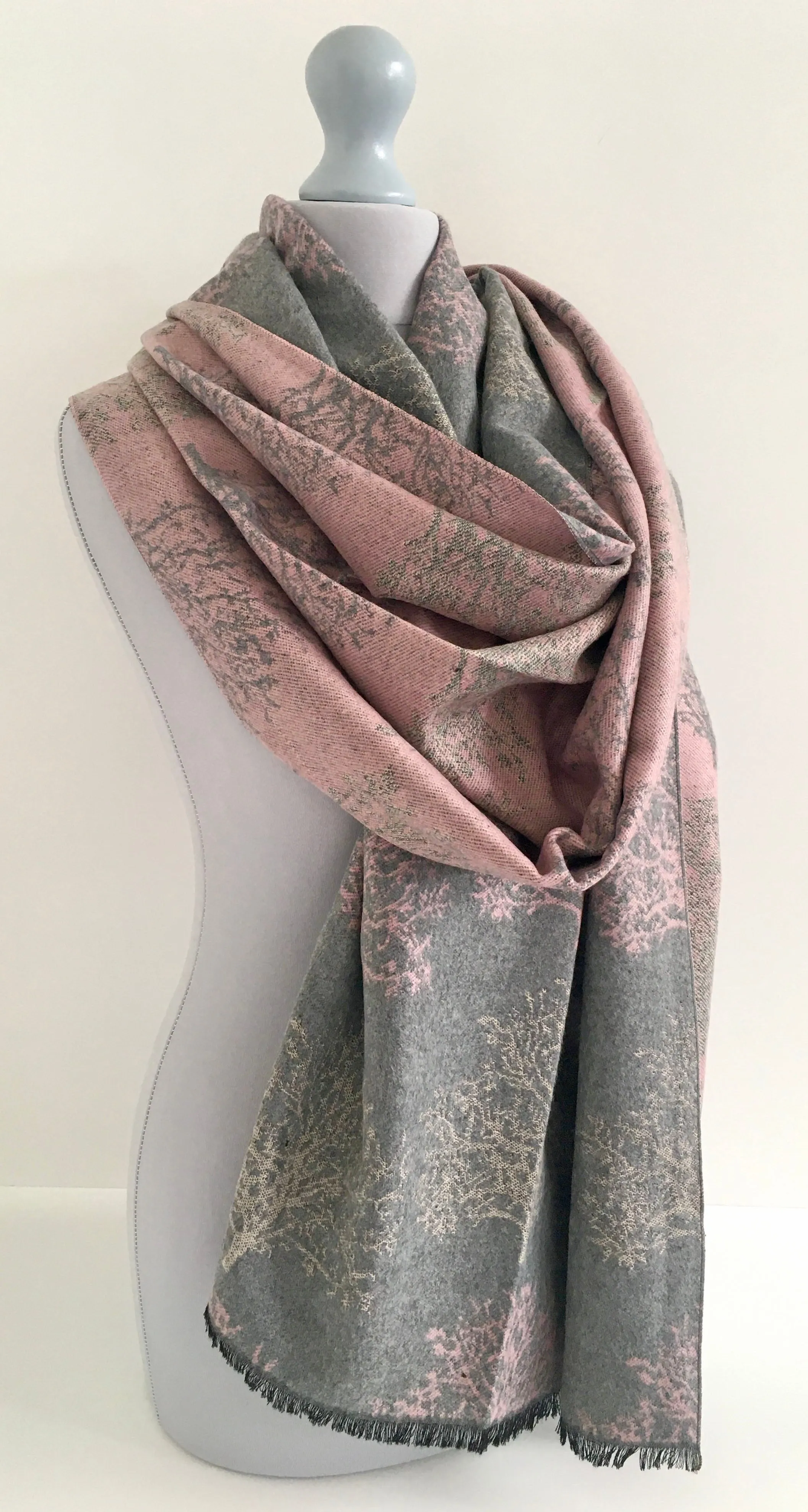 LARGE THICK GREY BLUSH TREE REVERSIBLE WINTER SHAWL BLANKET SCARF