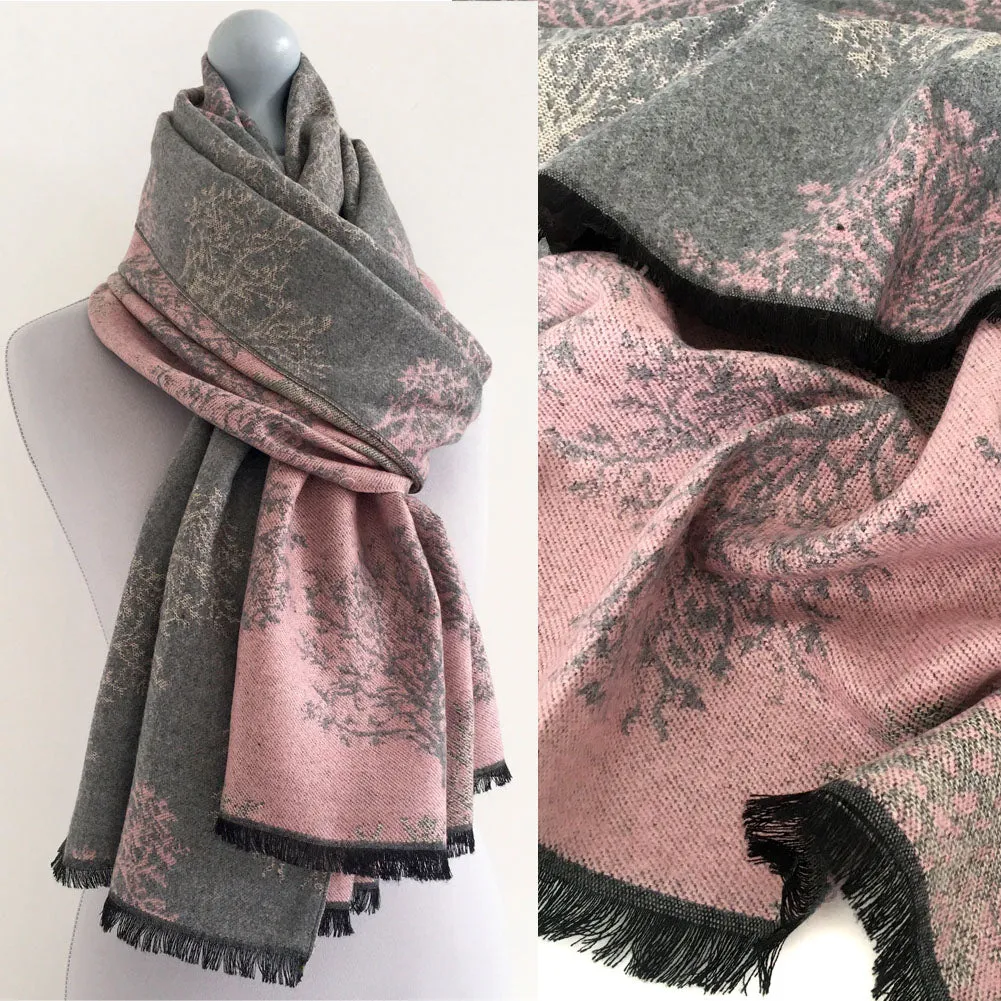 LARGE THICK GREY BLUSH TREE REVERSIBLE WINTER SHAWL BLANKET SCARF