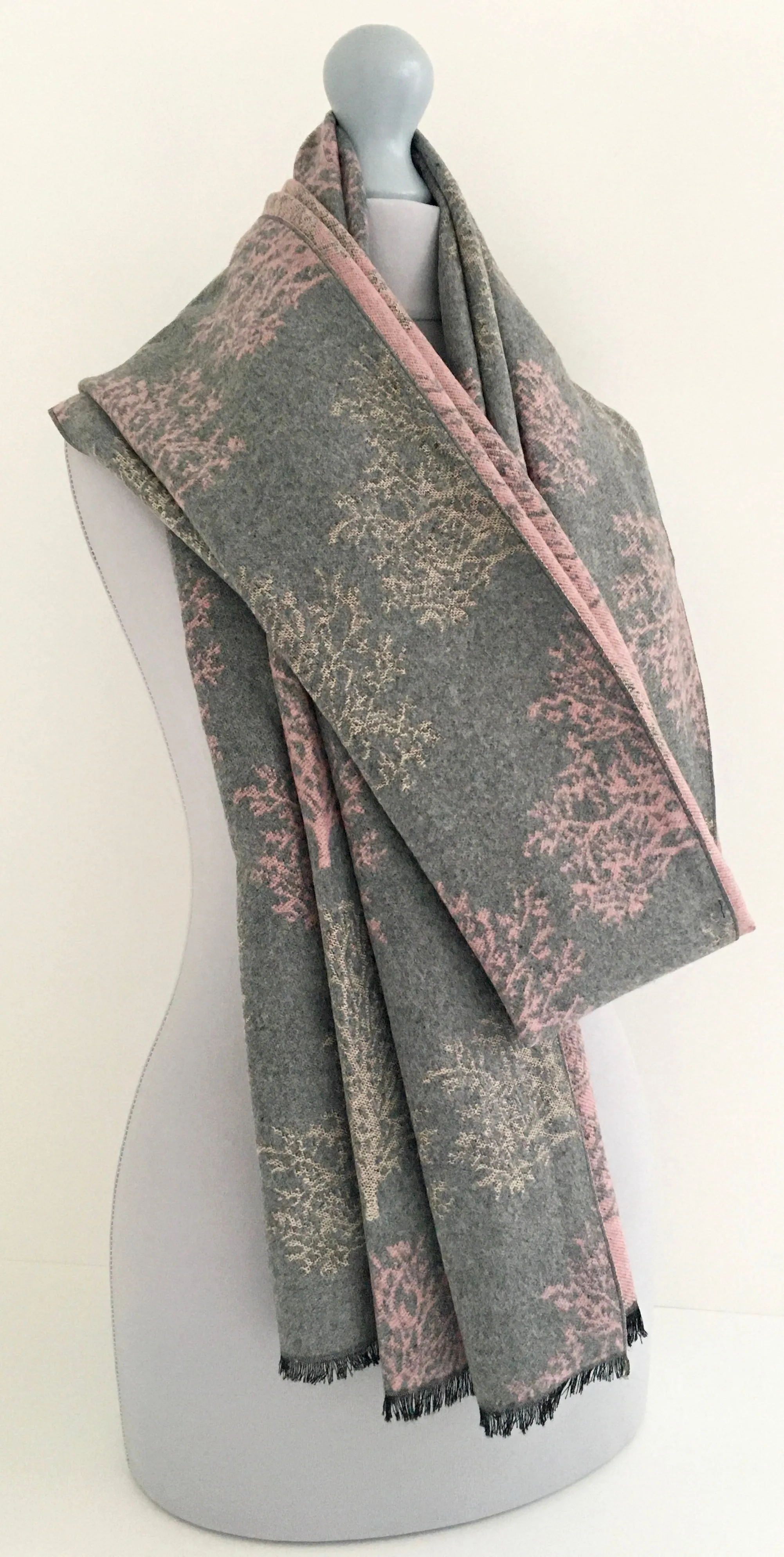 LARGE THICK GREY BLUSH TREE REVERSIBLE WINTER SHAWL BLANKET SCARF