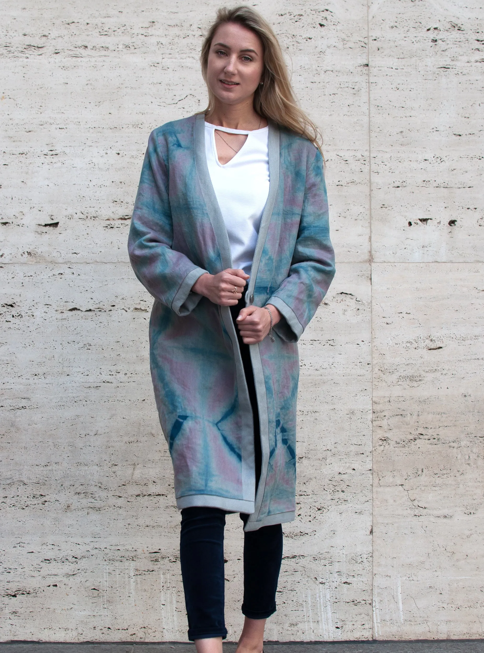 Lena Reversible Linen V-neck Jacket in Silver Grey and Pink Itajime Shibori