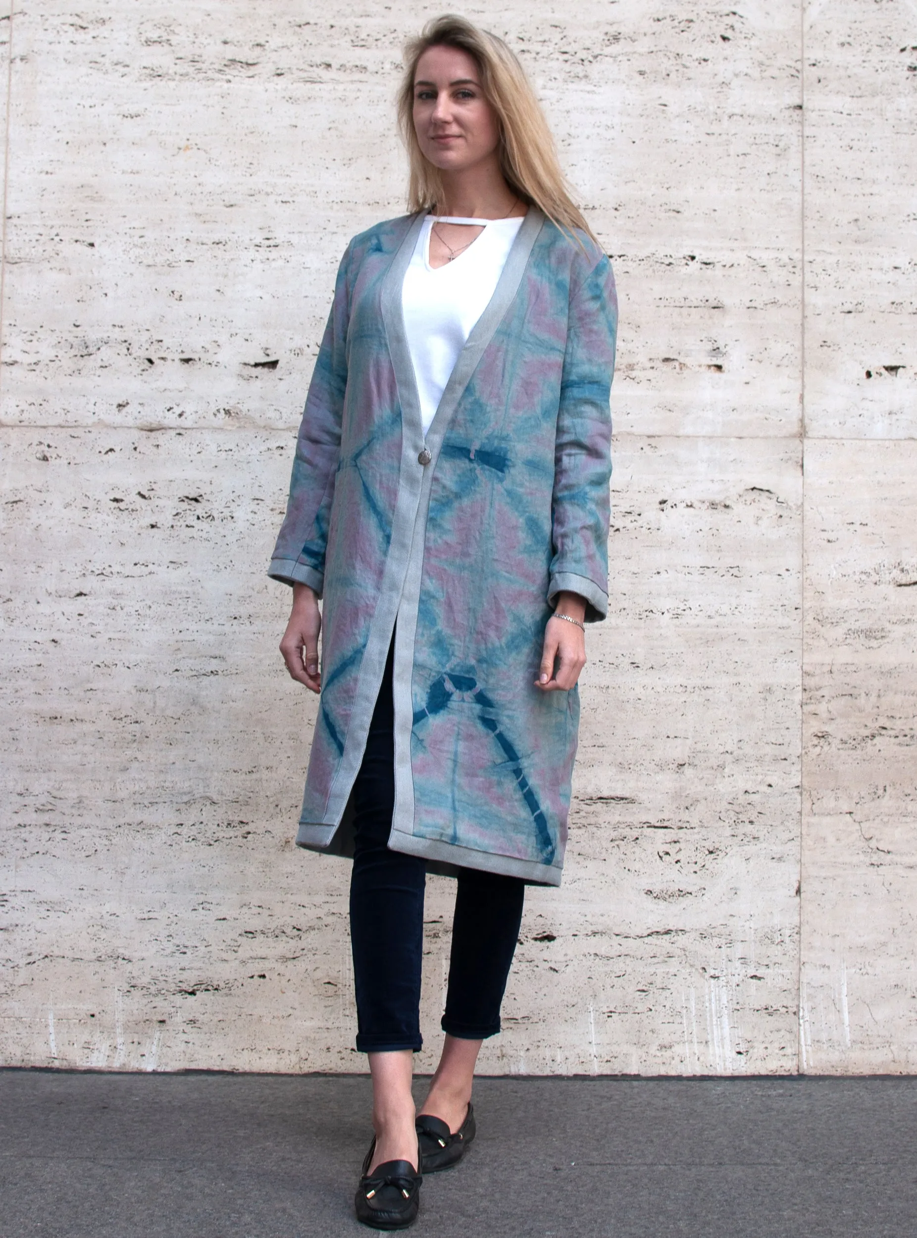 Lena Reversible Linen V-neck Jacket in Silver Grey and Pink Itajime Shibori