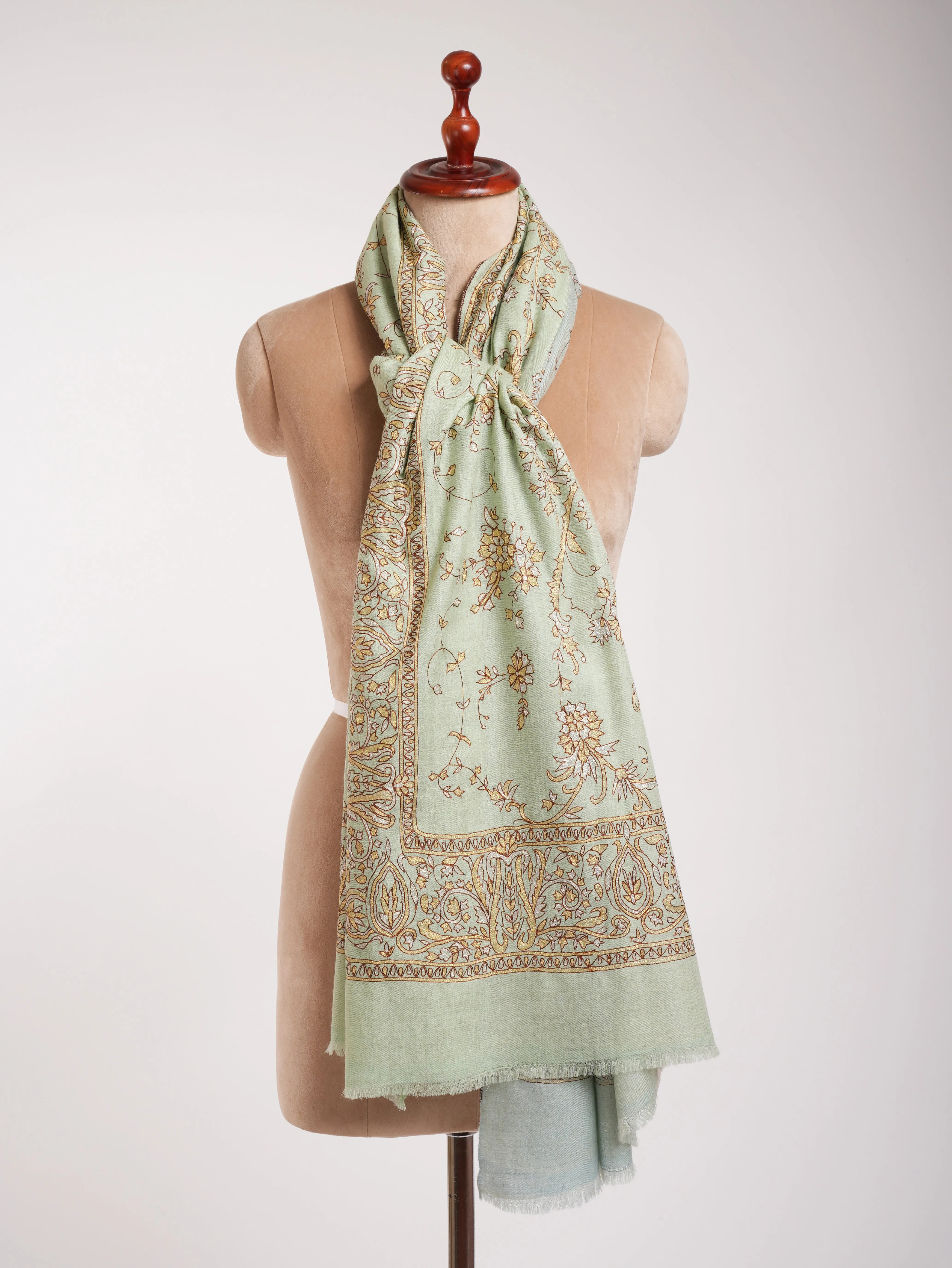 Light Green Zari Embroidered Indian Pashmina Shawl