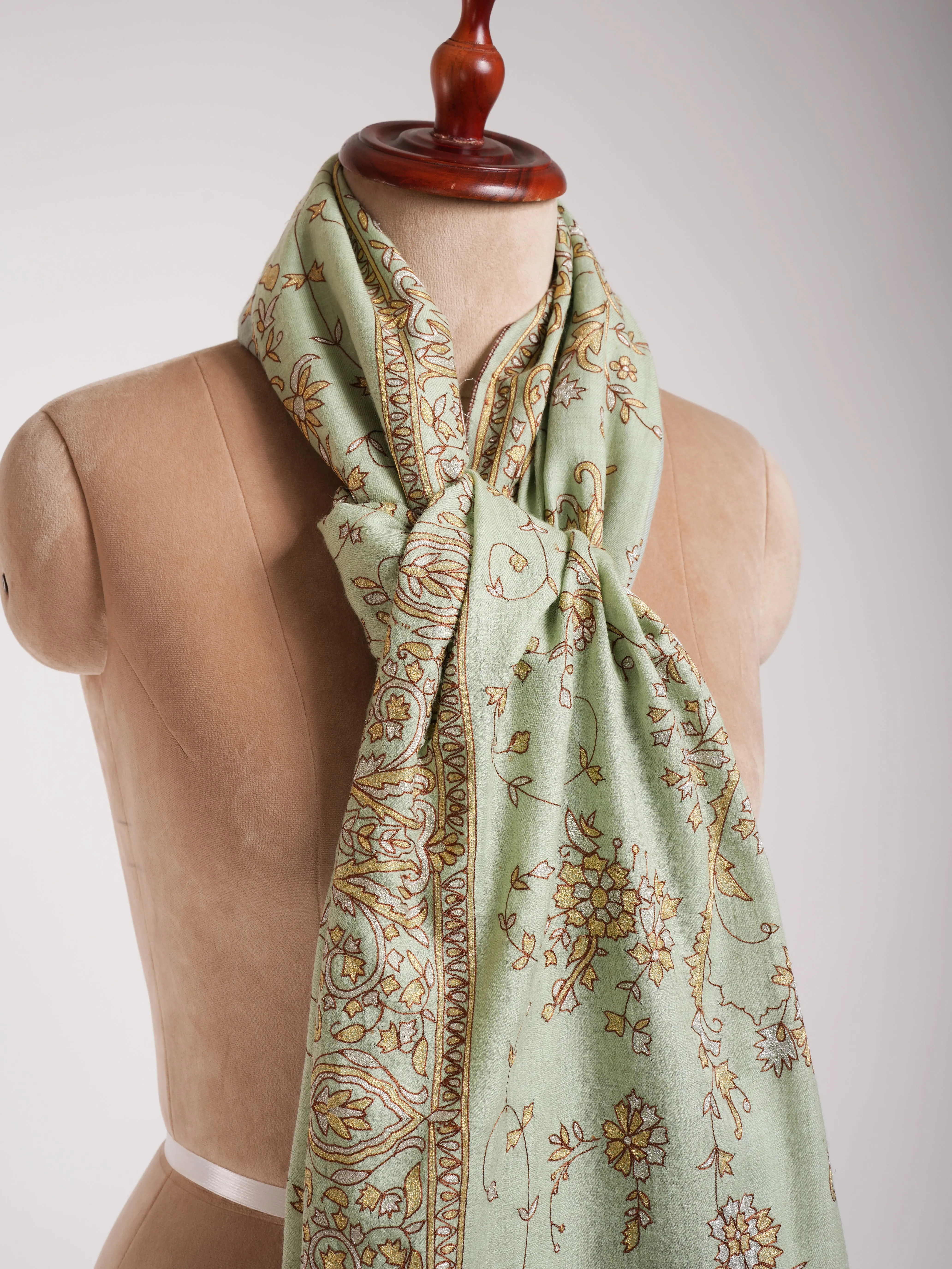 Light Green Zari Embroidered Indian Pashmina Shawl