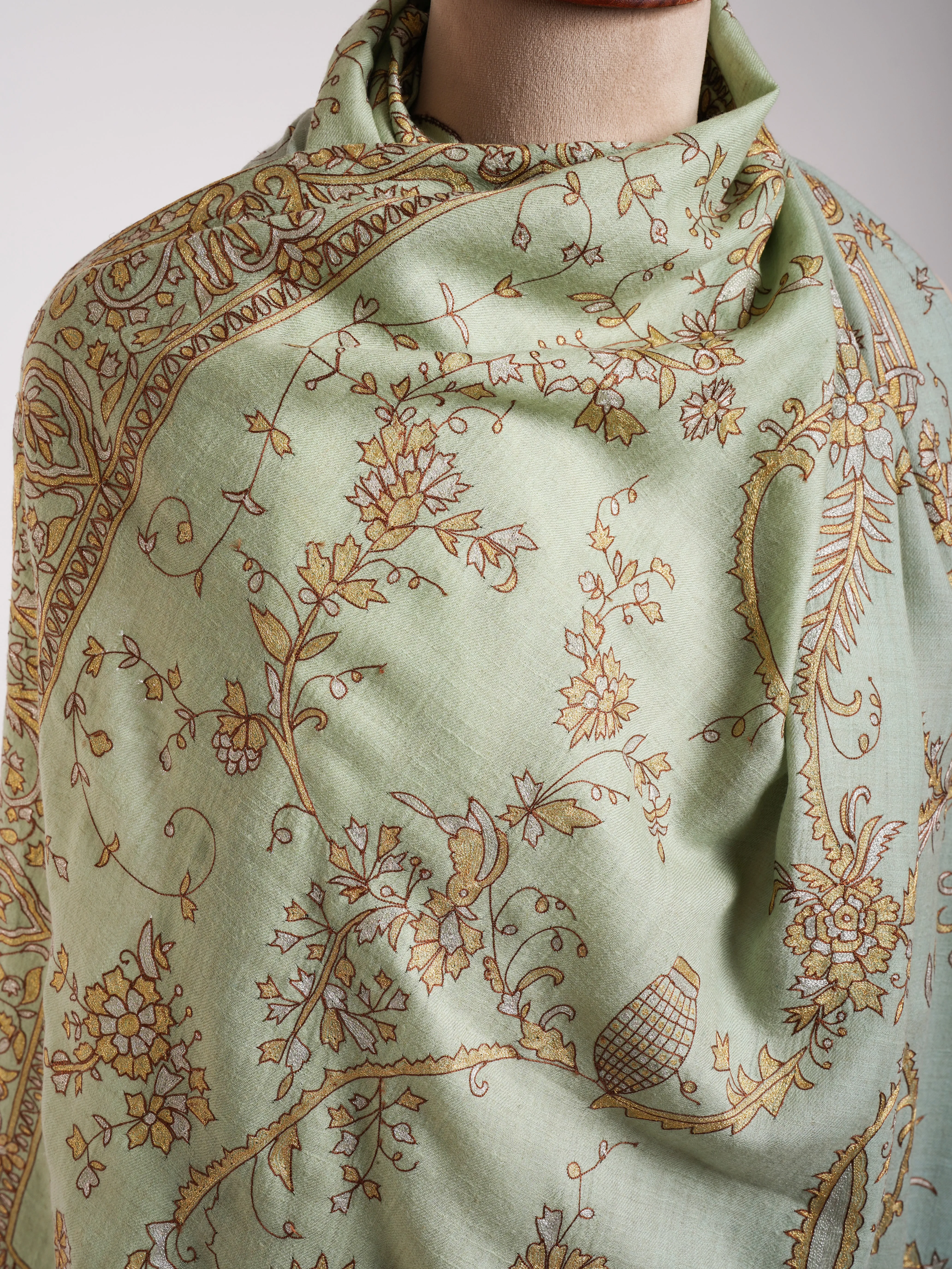 Light Green Zari Embroidered Indian Pashmina Shawl