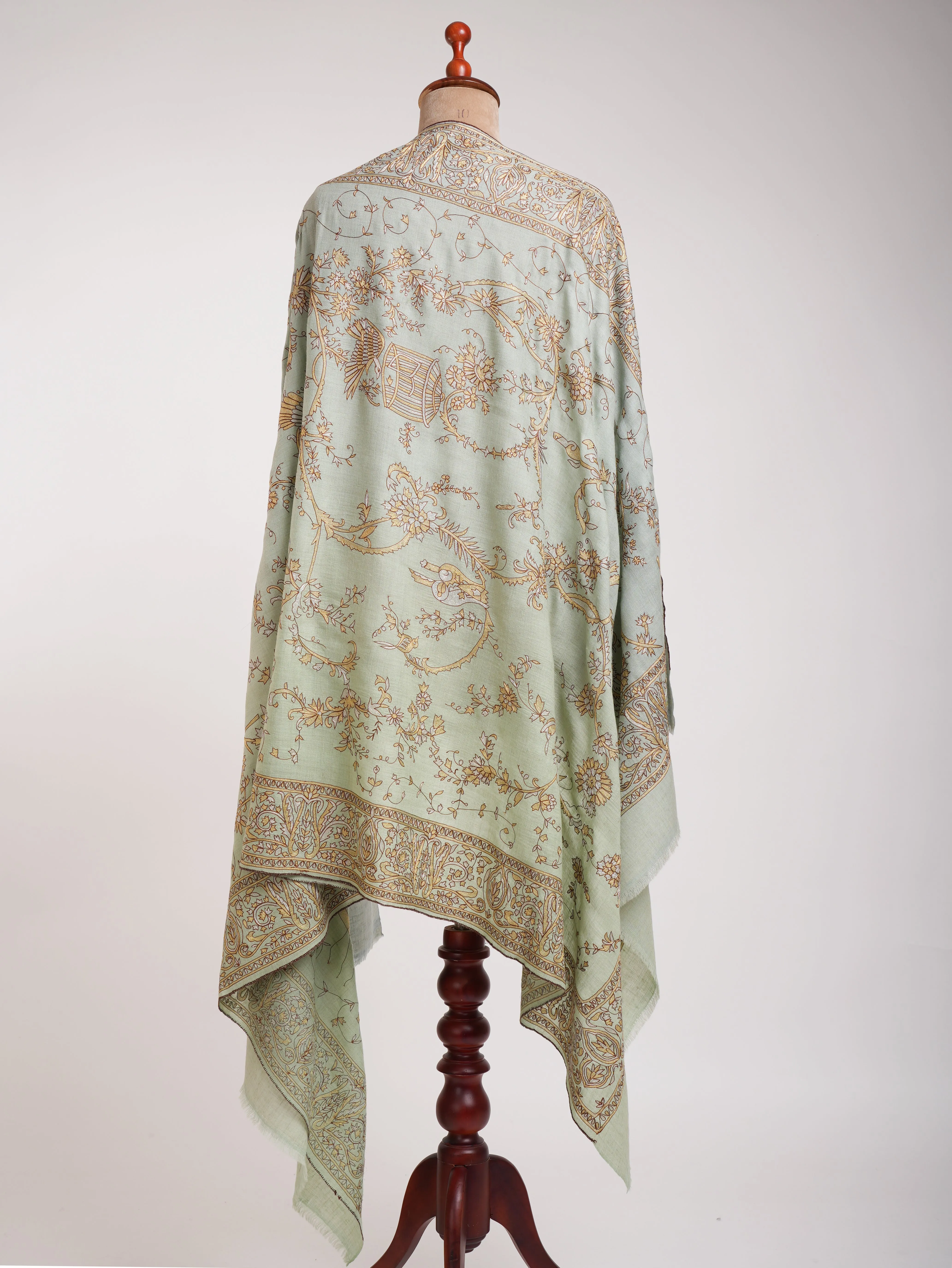 Light Green Zari Embroidered Indian Pashmina Shawl