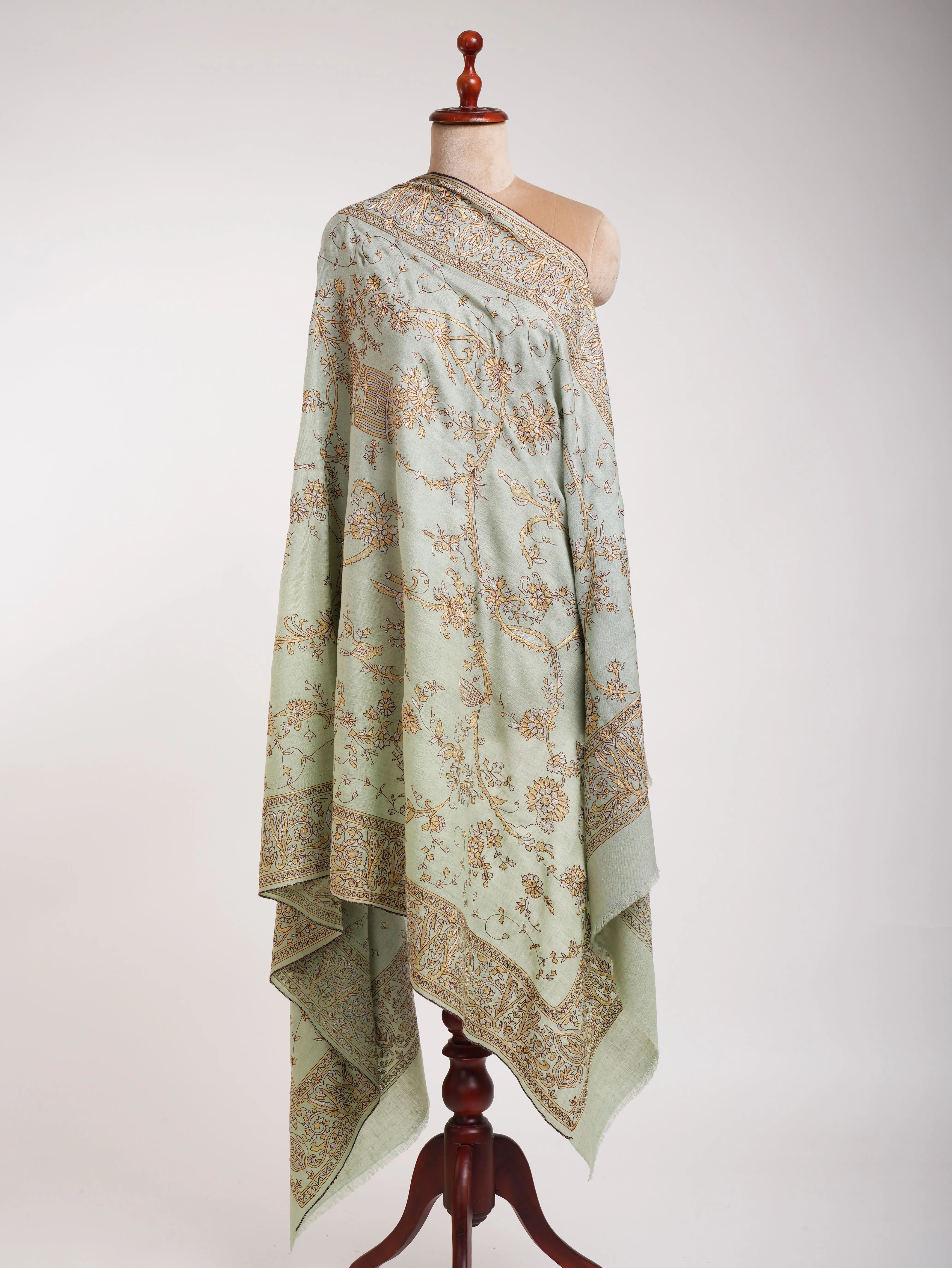 Light Green Zari Embroidered Indian Pashmina Shawl