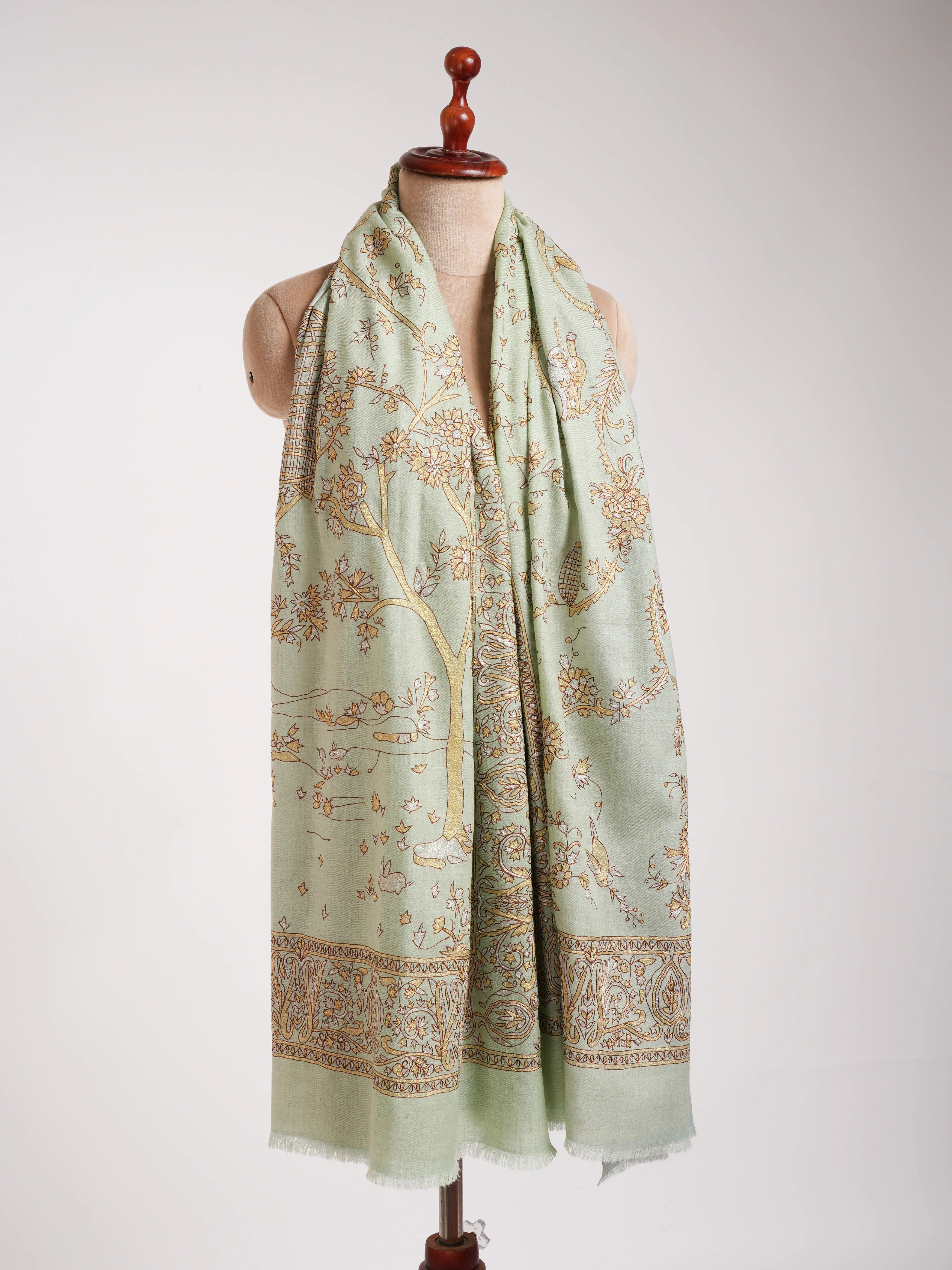 Light Green Zari Embroidered Indian Pashmina Shawl