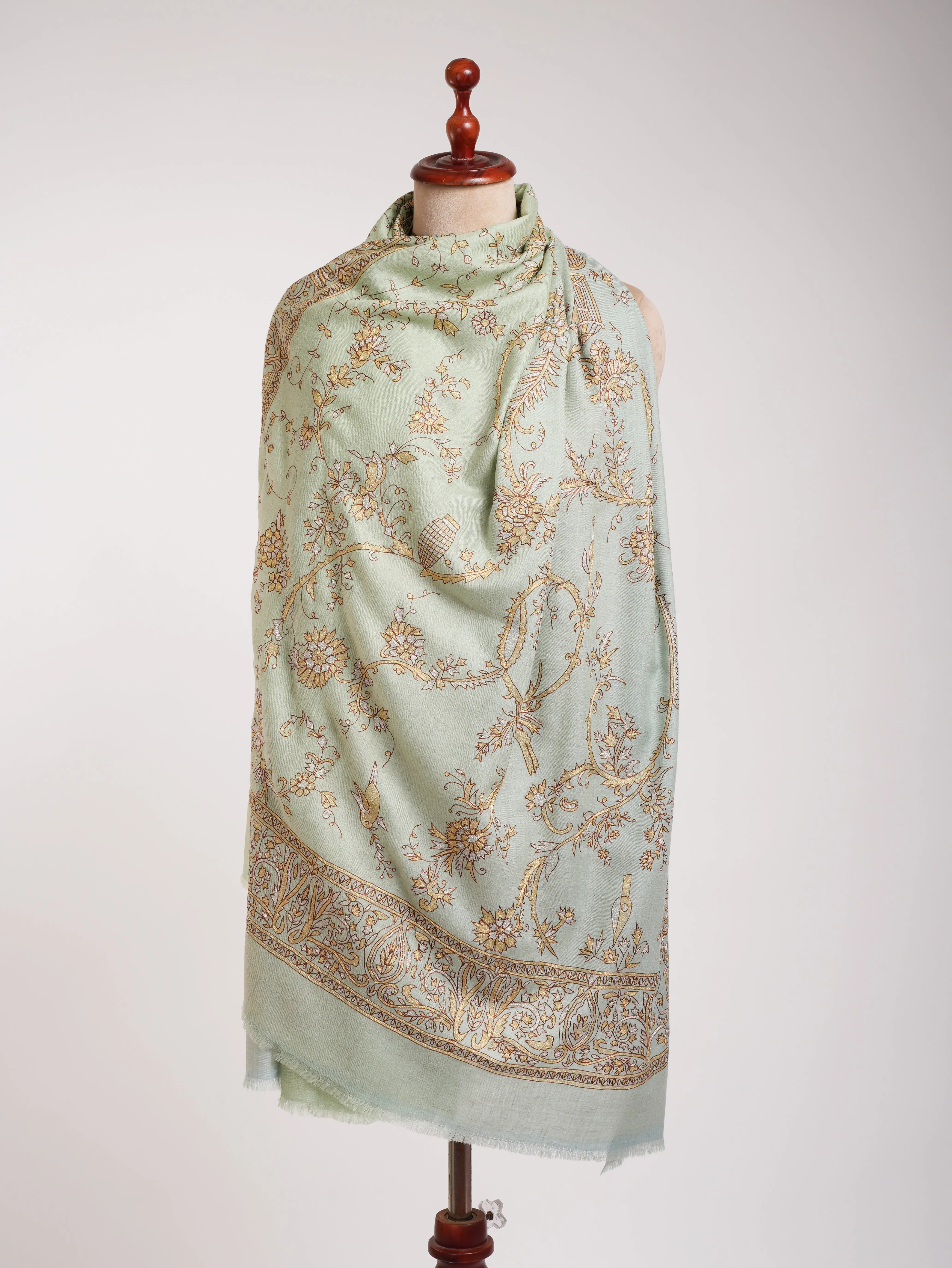 Light Green Zari Embroidered Indian Pashmina Shawl