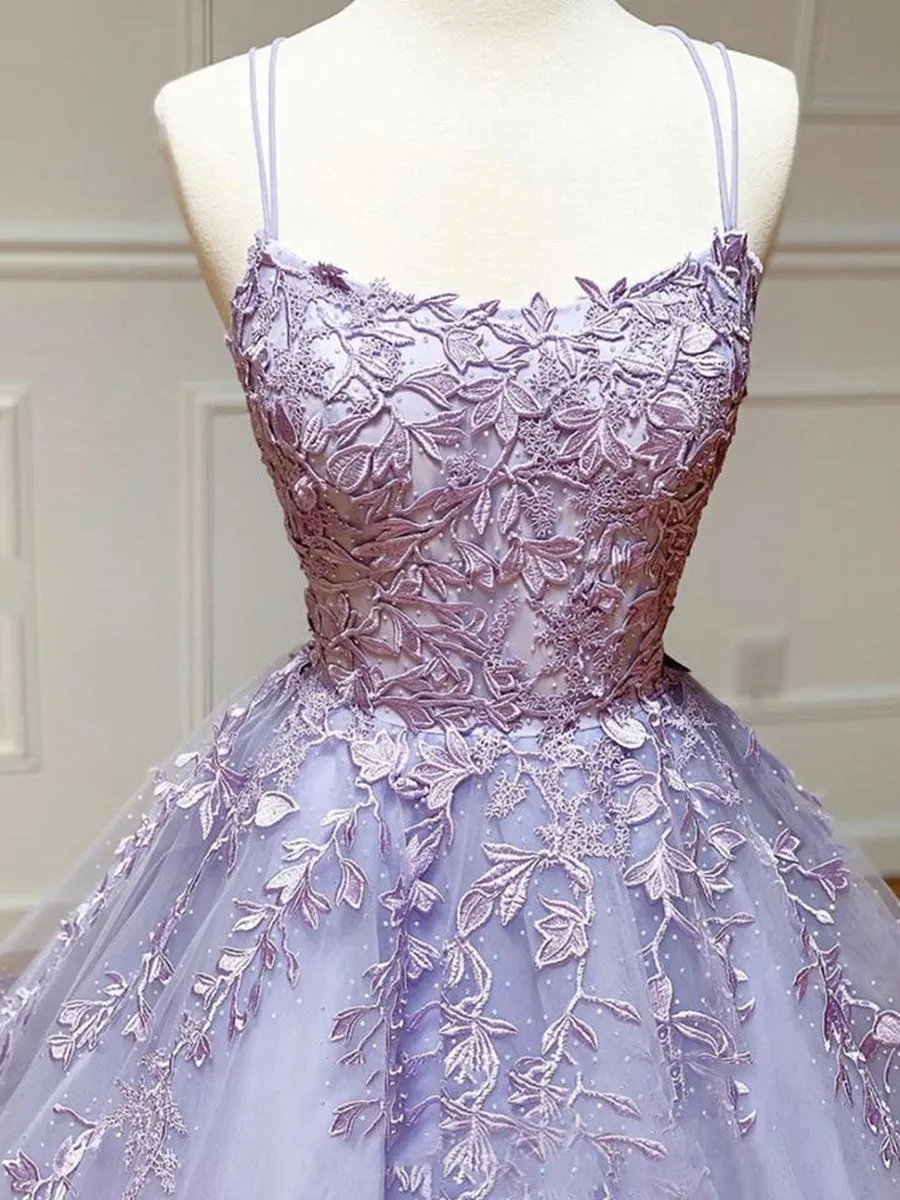 Long Backless Purple Lace Prom, Purple Lilac Lace Formal Graduation Evening