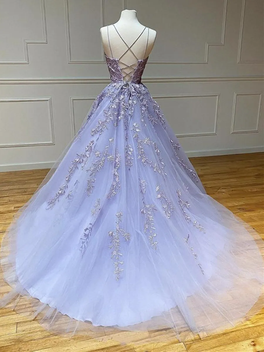 Long Backless Purple Lace Prom, Purple Lilac Lace Formal Graduation Evening