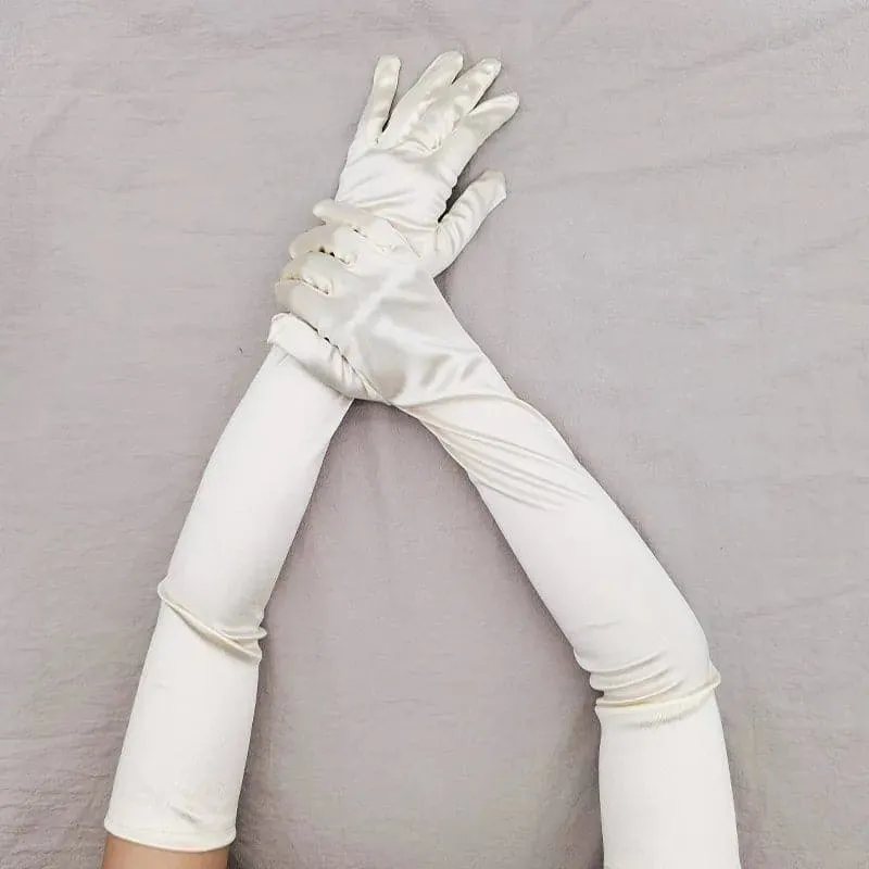 Long Ceremonial Satin Gloves - Fashionable Elbow Length Gloves for Women | Acrylic and Microfiber Material