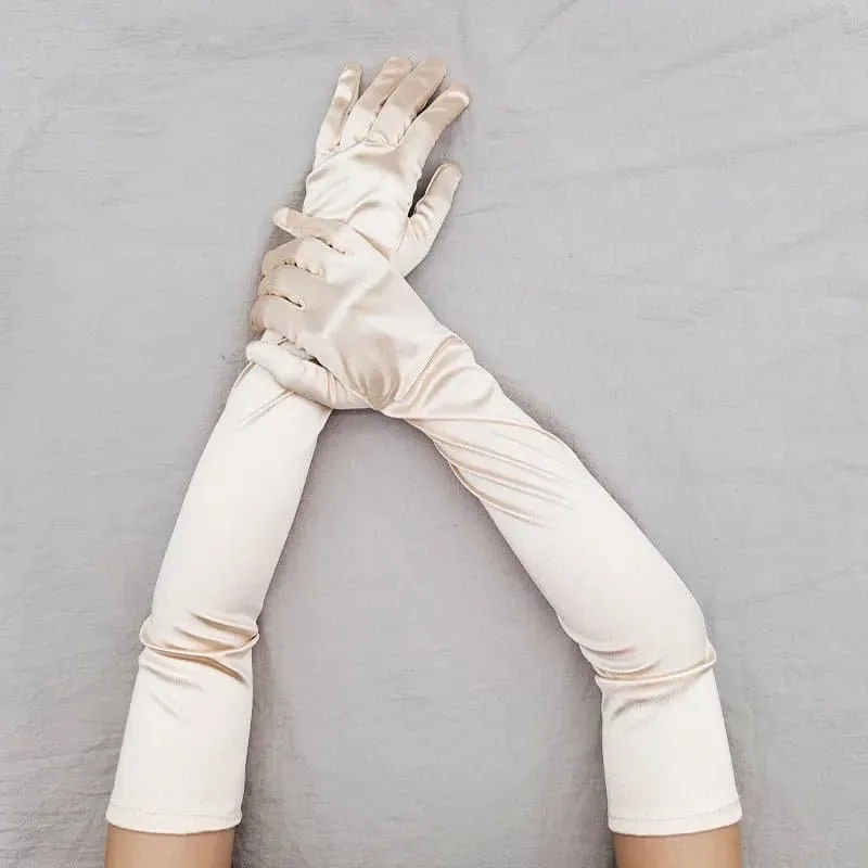 Long Ceremonial Satin Gloves - Fashionable Elbow Length Gloves for Women | Acrylic and Microfiber Material