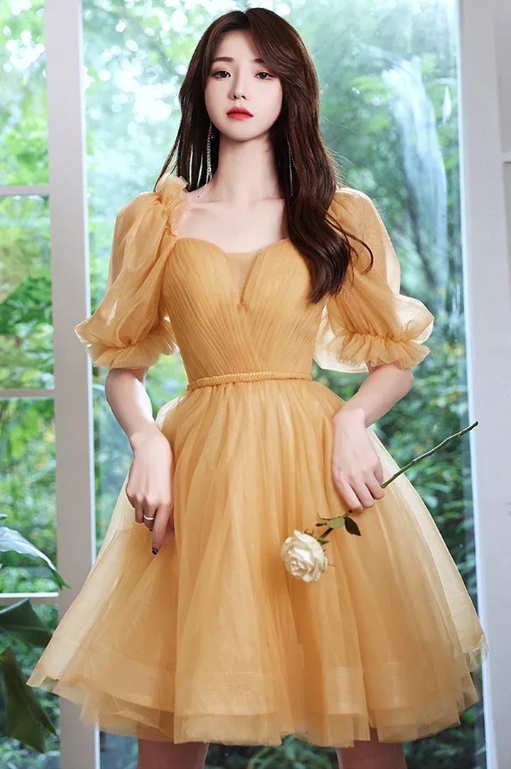 Lovely Yellow Tulle Short Party Dresss, Yellow Short Homecoming Dress Formal Dress