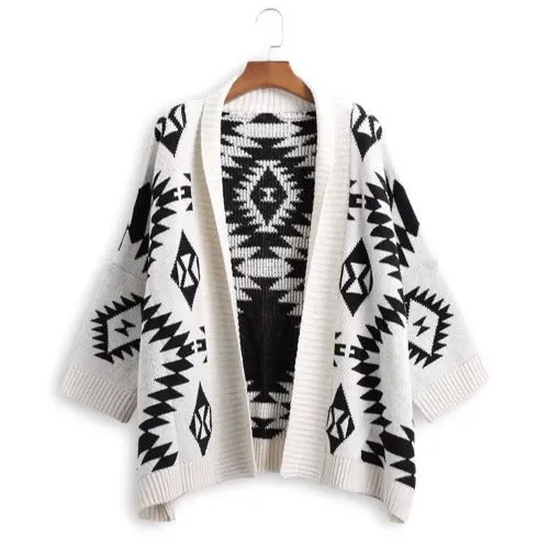 Medium Length Diamond Jacquard Cardigan Sweater Coat