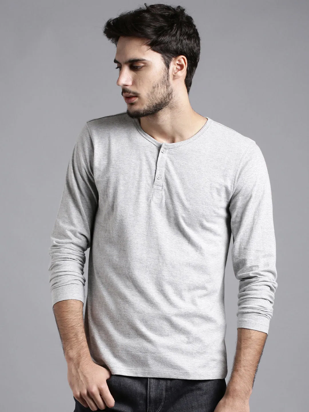 Melange Grey Henley Full sleeves cotton t shirt by LazyChunks