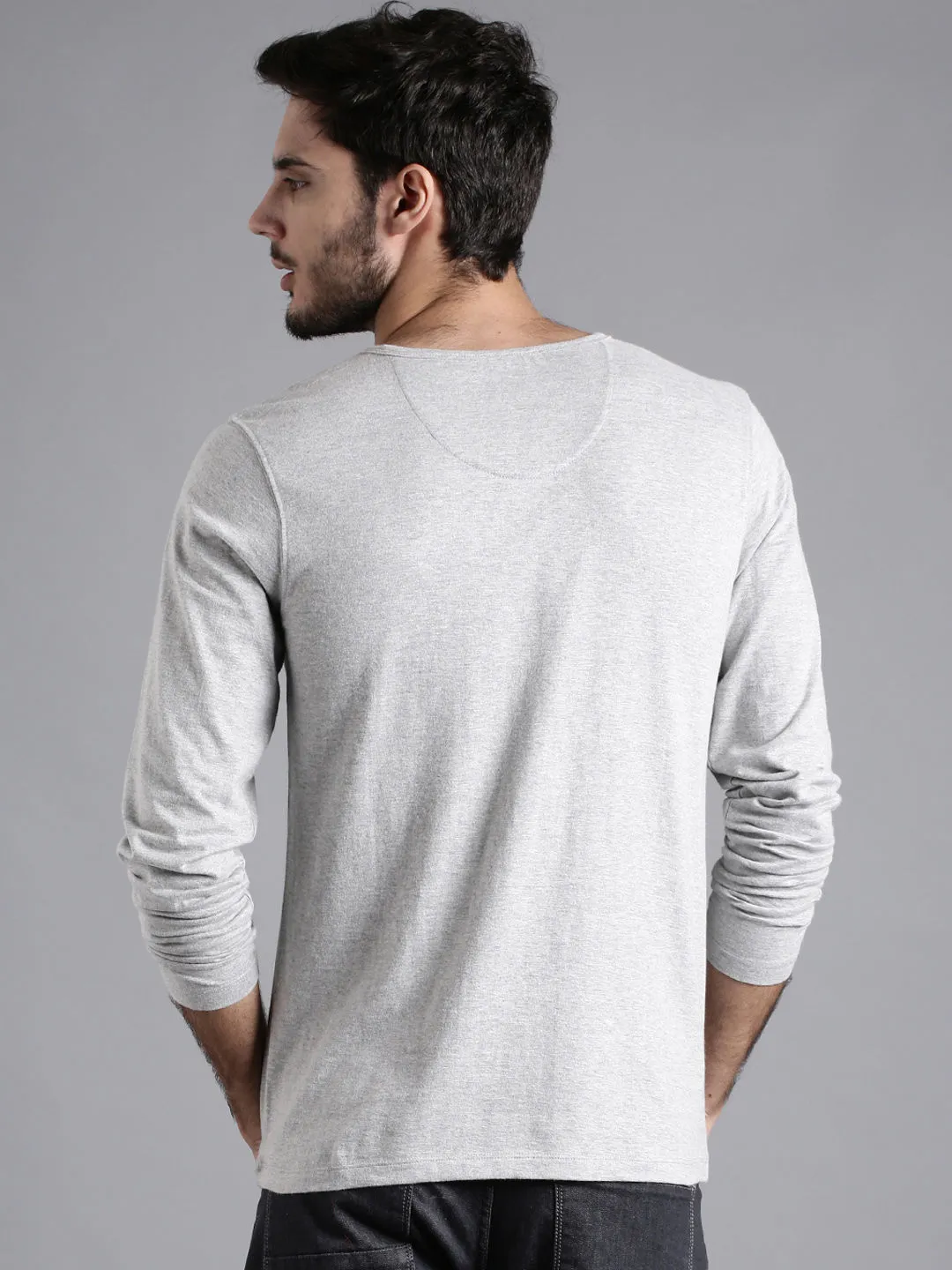 Melange Grey Henley Full sleeves cotton t shirt by LazyChunks