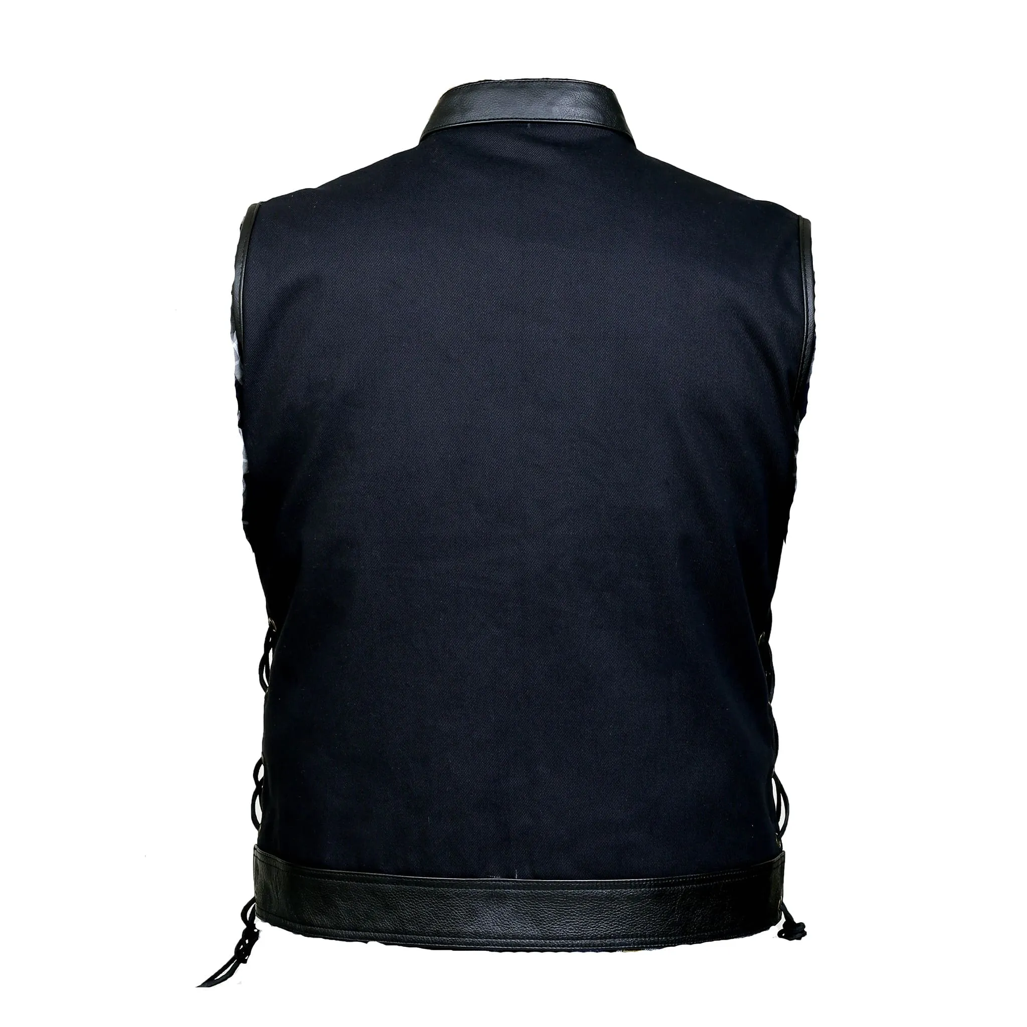 Men SOA Denim Leather Motorcycle Vest with Side Laces