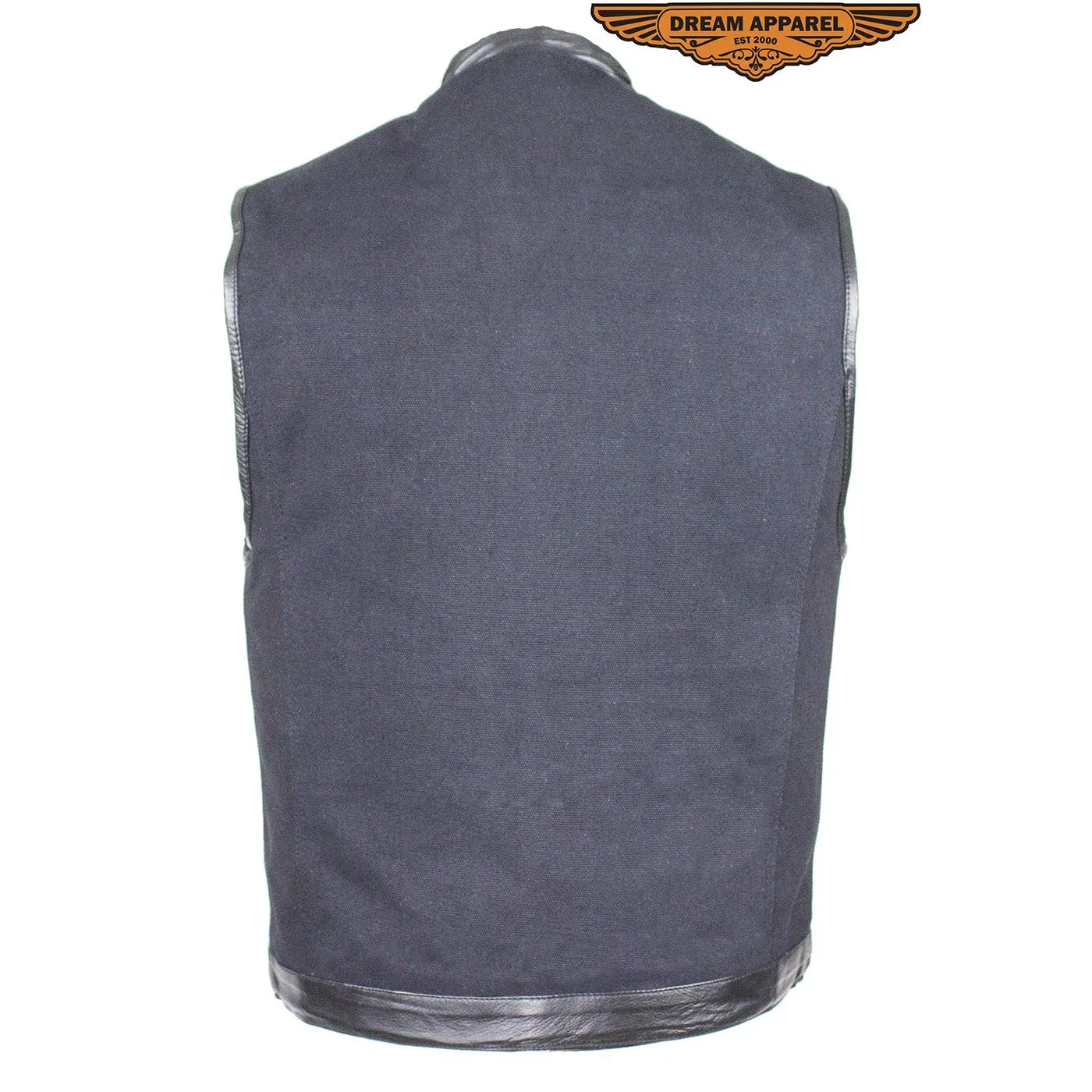 Mens Black Motorcycle Canvas Club Vest With Zipper