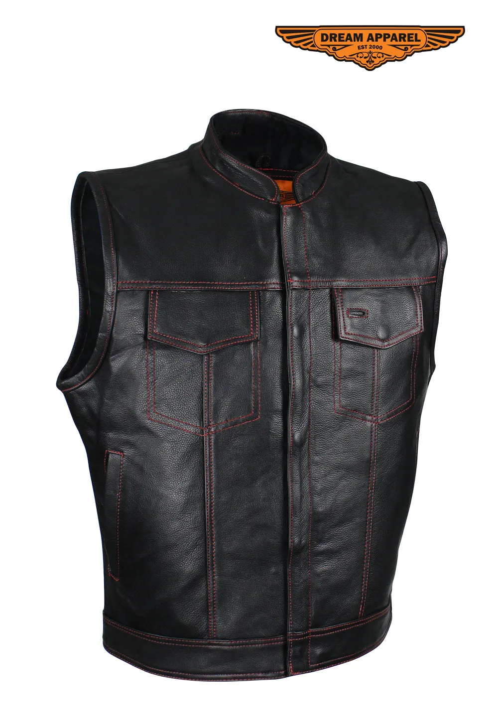 Men's Black Premium Naked Cowhide Leather CLUB VEST with Red Stitching