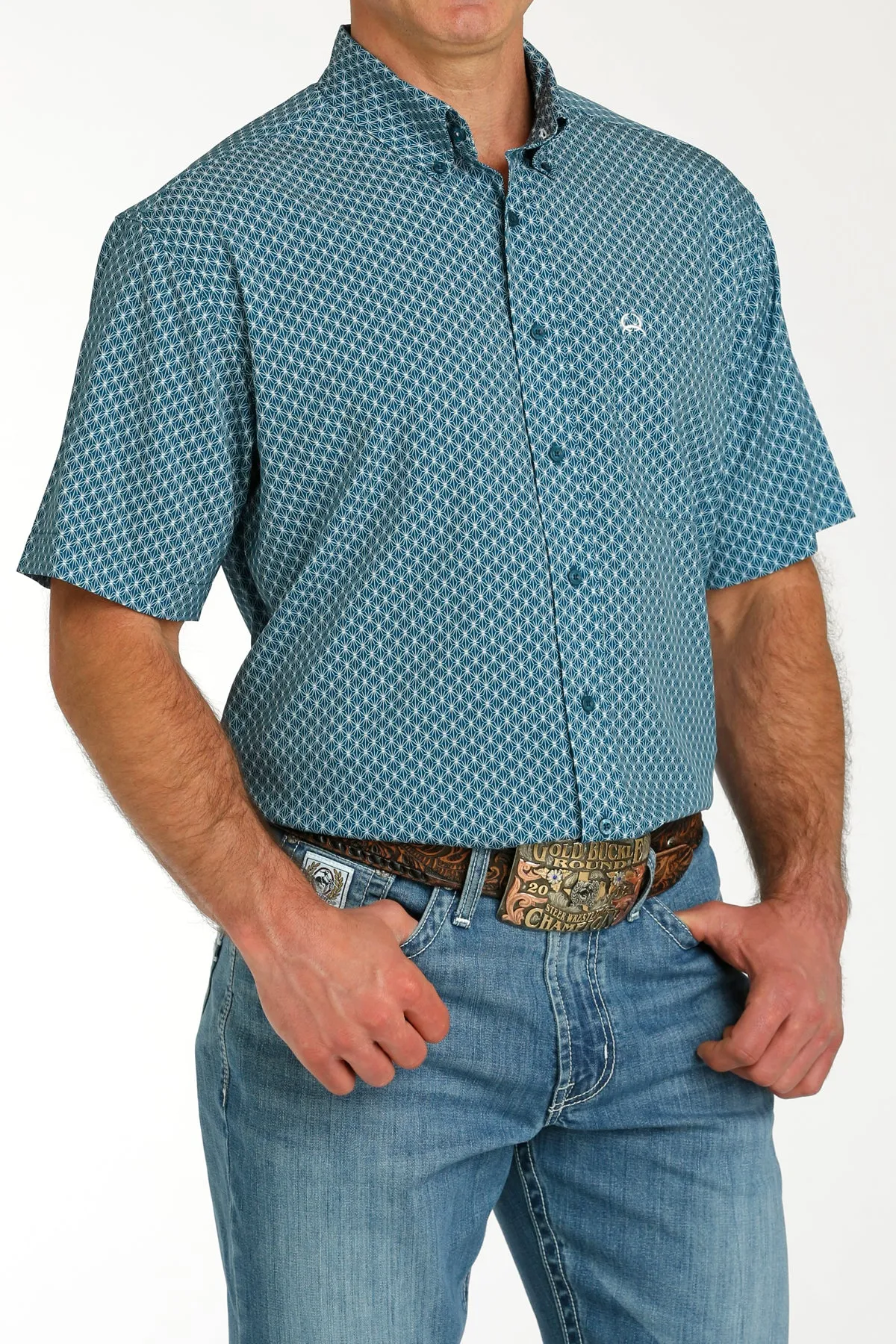 Men's Cinch ArenaFlex Teal Print Short Sleeve Shirt - MTW1704139 - FINAL SALE