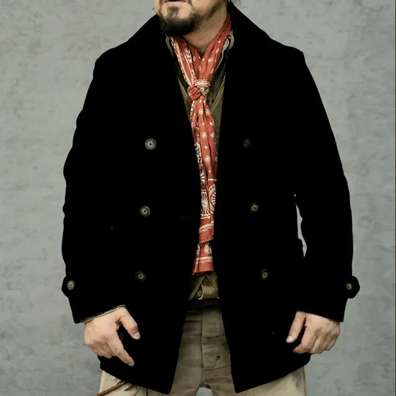 Men's Corduroy Pea Coat Heavyweight Double-breasted Military Safari Jacket