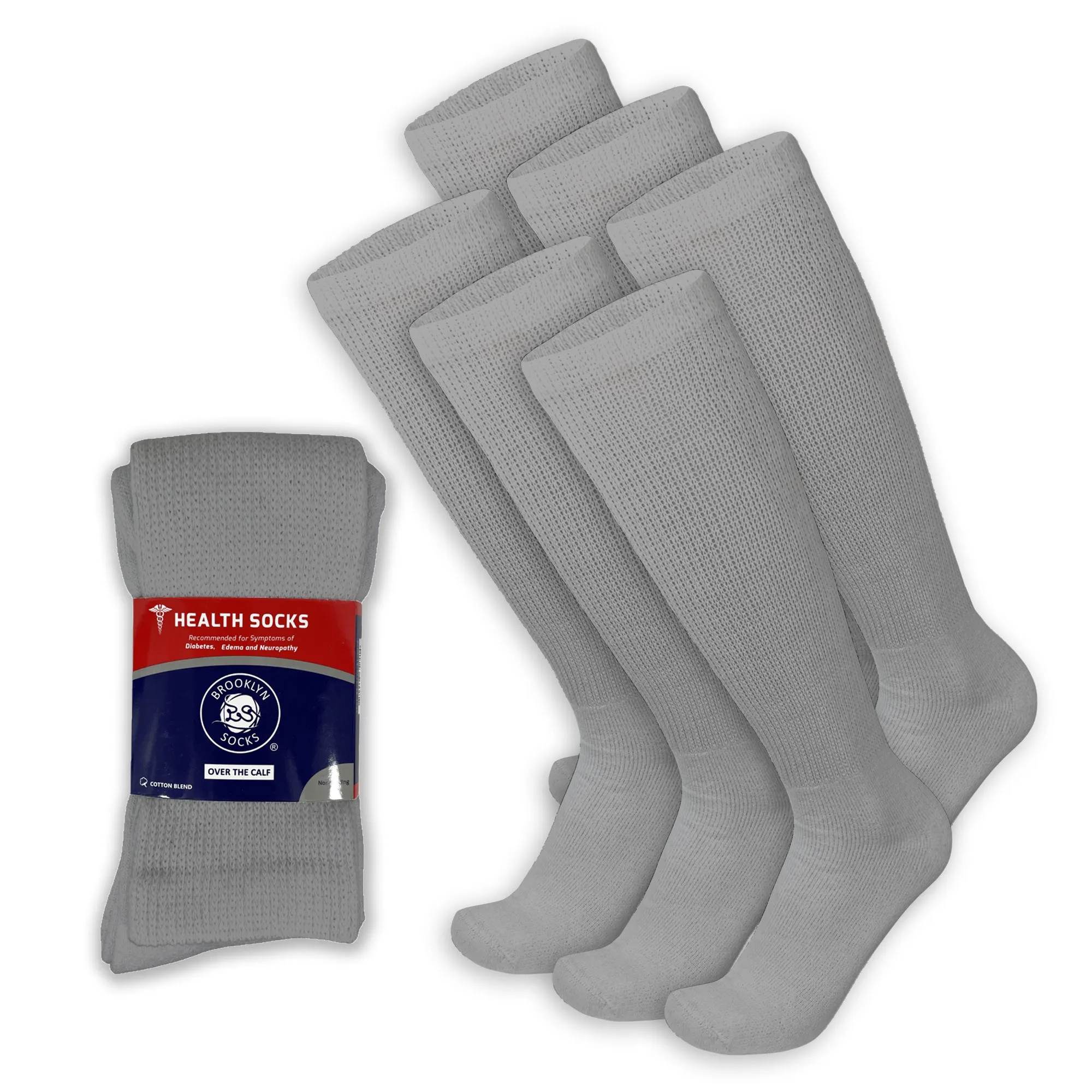 Men's Diabetic Over the Calf Knee High Cotton Socks, 6 Pairs