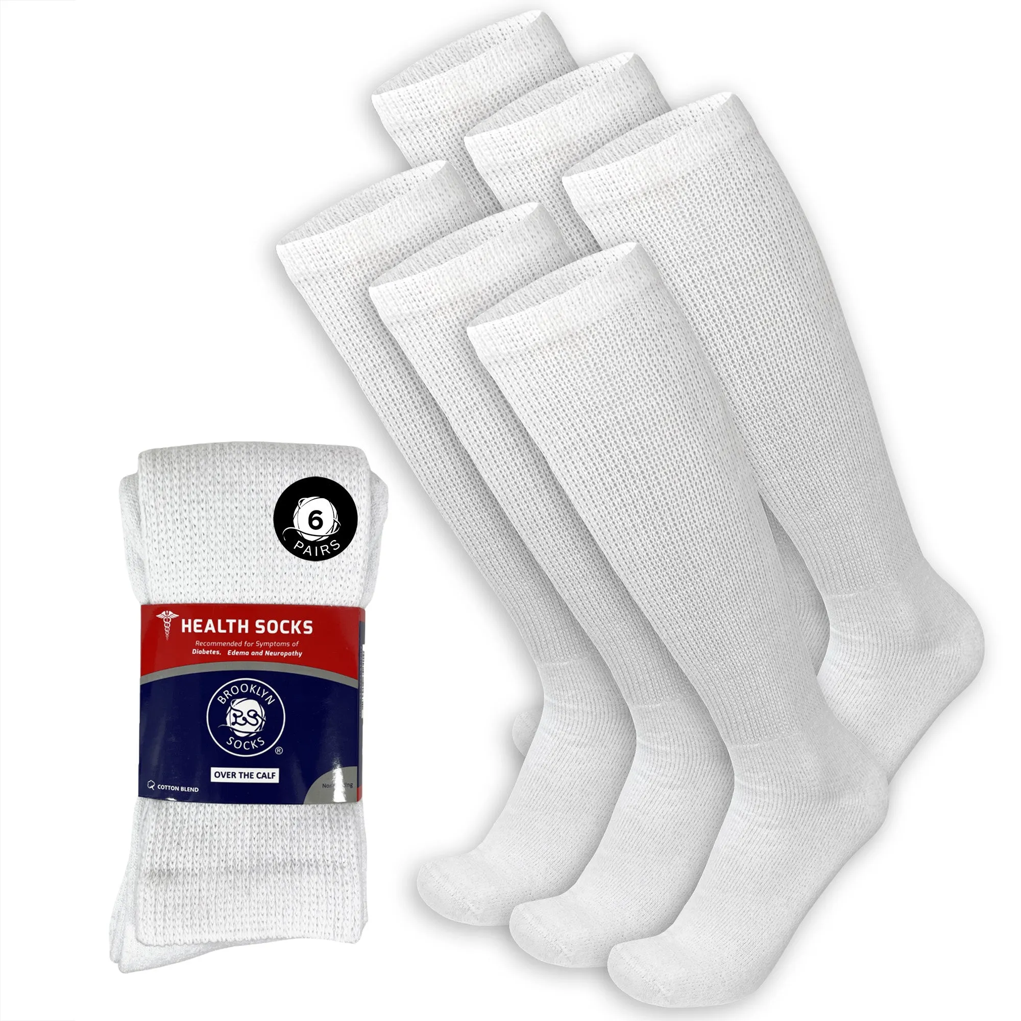 Men's Diabetic Over the Calf Knee High Cotton Socks, 6 Pairs