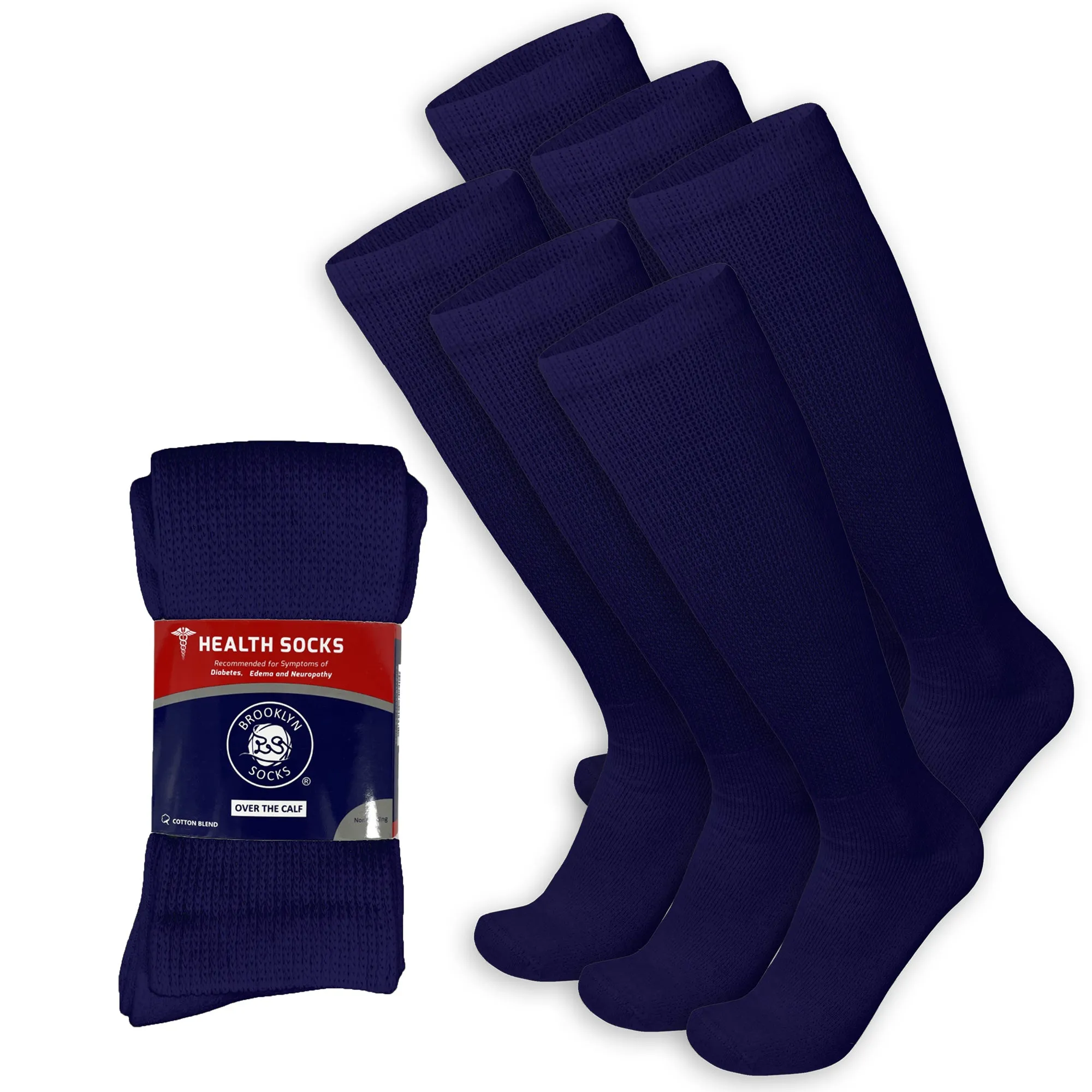 Men's Diabetic Over the Calf Knee High Cotton Socks, 6 Pairs