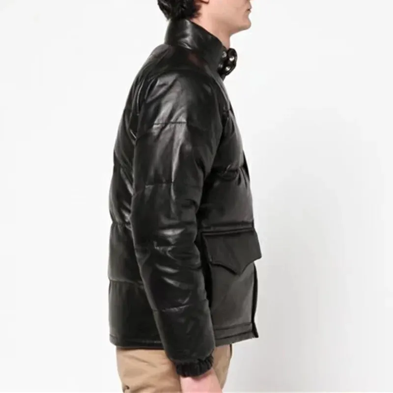 Men's Duck Down Jacket with Cowhide Stand Collar - Black Thick Warm Casual Coat