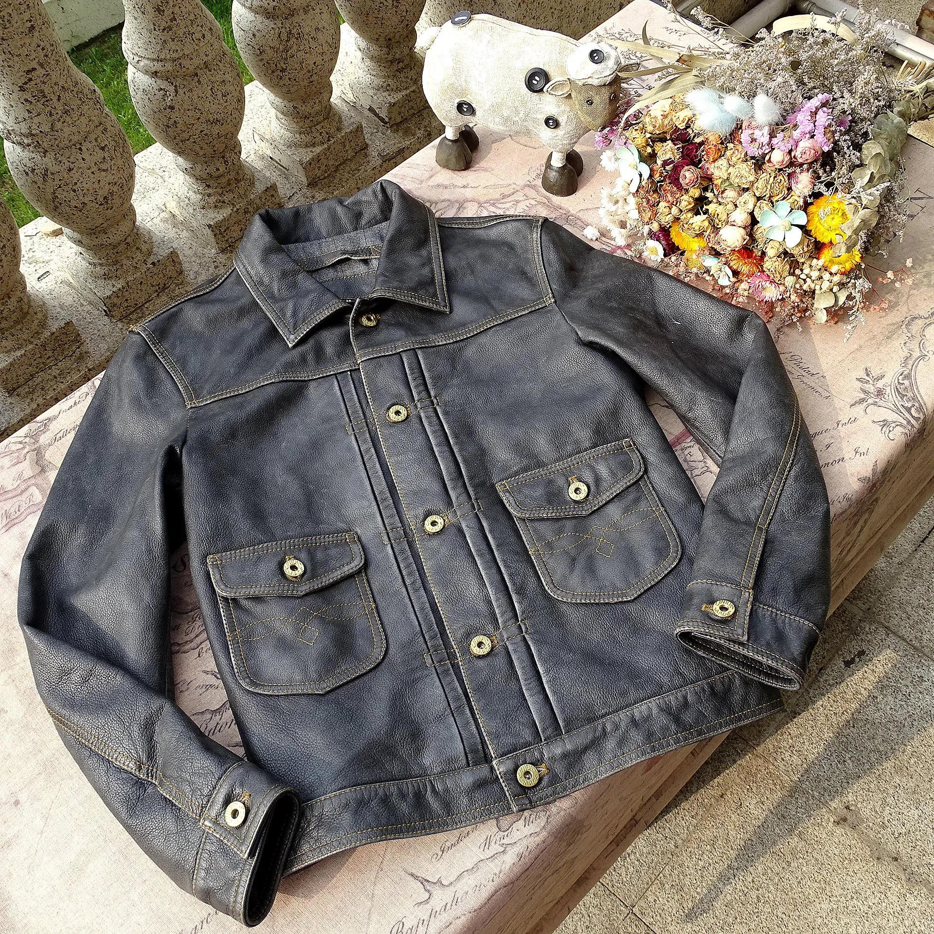 Men's Genuine Leather Jacket with Distressed Pocket Embroidery