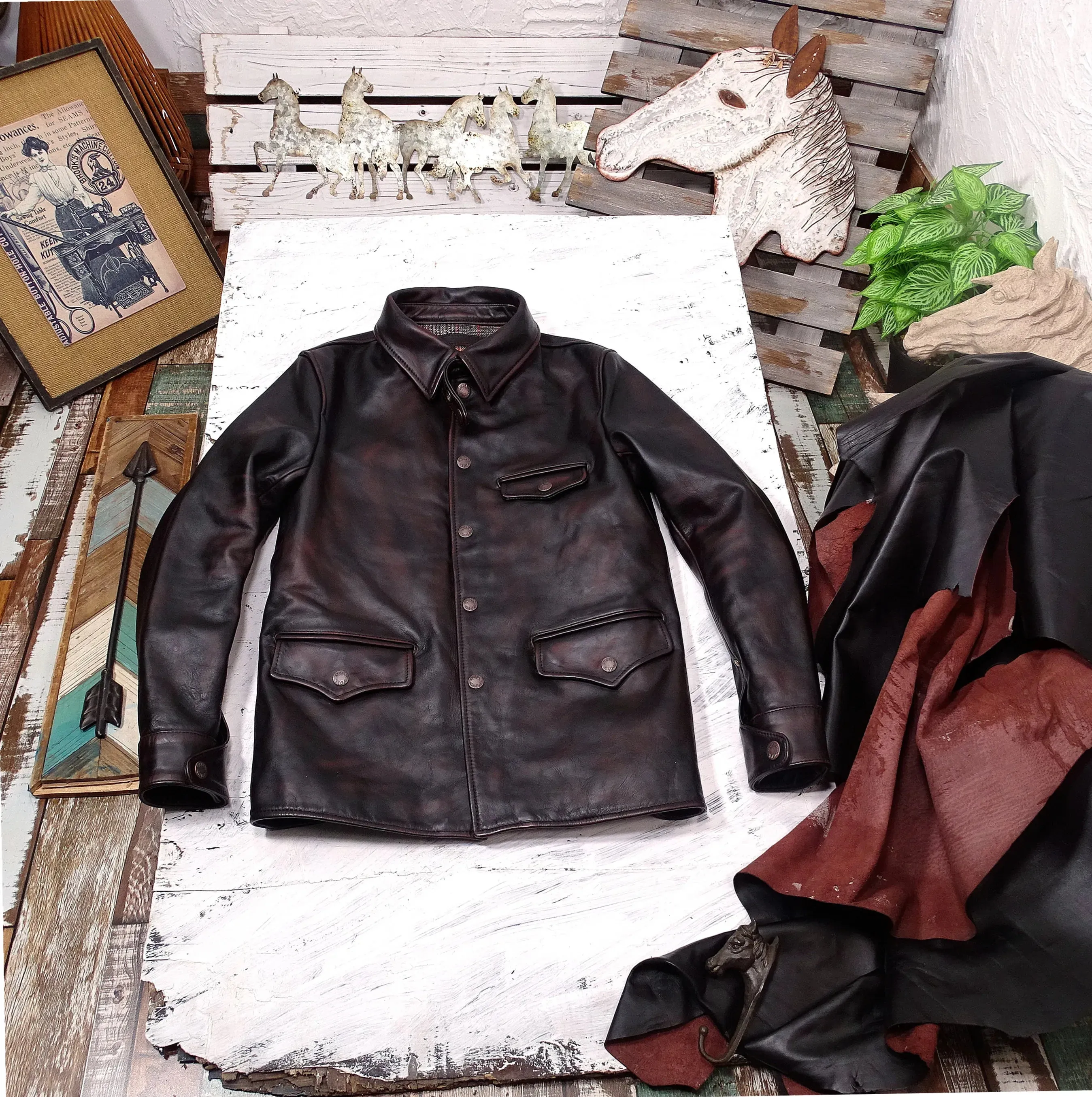 Men's Horsehide Leather Jacket Slim Fit Brakeman Coat - Vintage Style