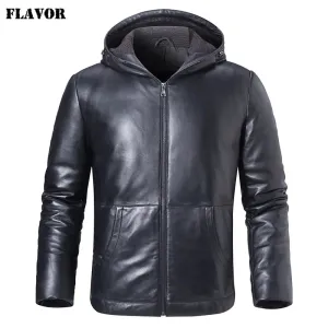 Men's Lambskin Leather Down Jacket with Hoodie