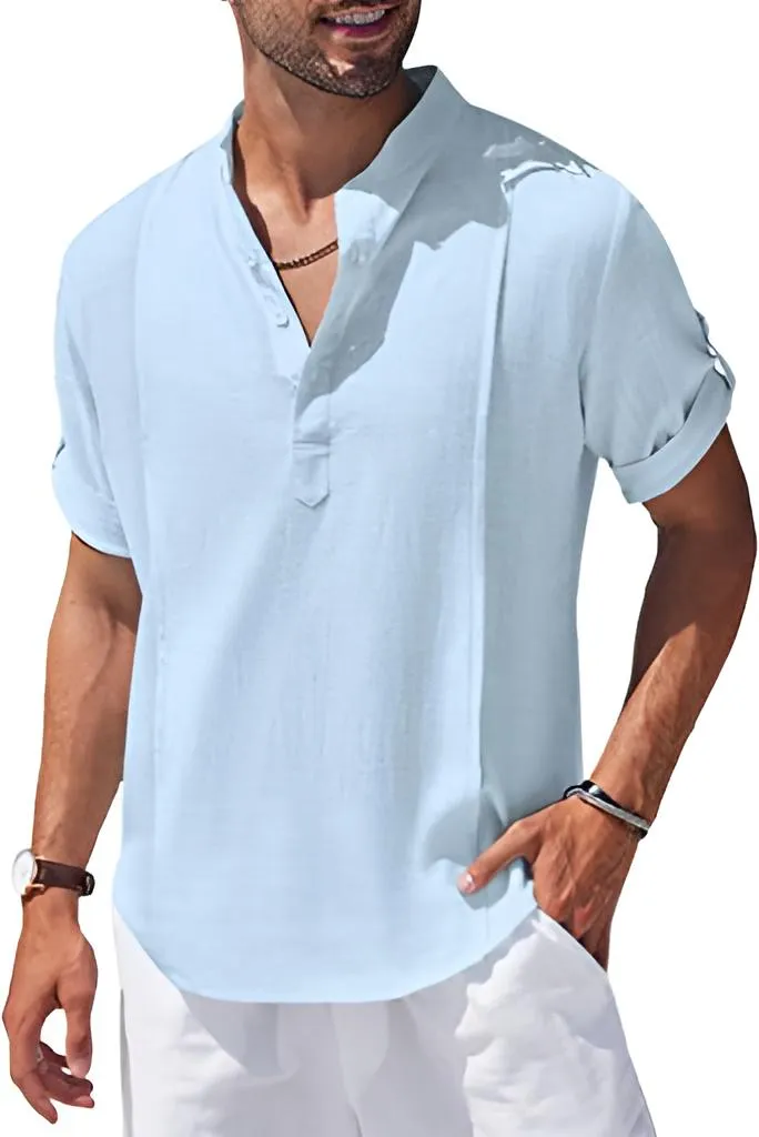 Men's Linen Henley Casual Beach Shirt