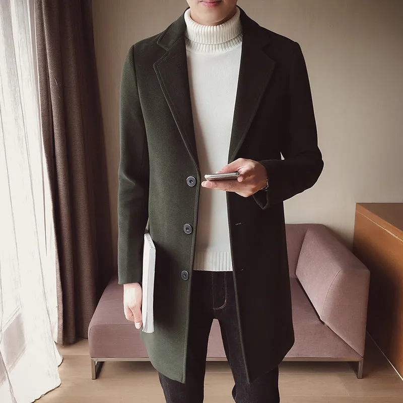 Men's mid-length trench coat Korean style slim woolen coat