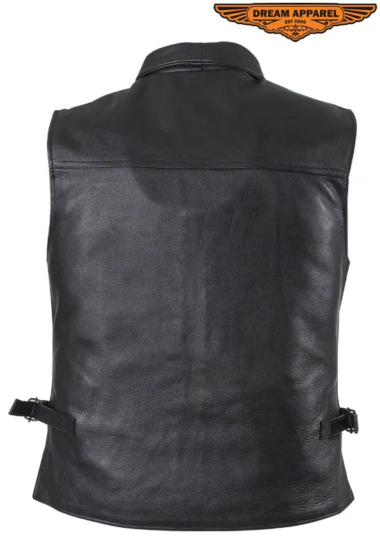 Mens Motorcycle Club Leather Vest With Fold Collar & Hidden Snaps